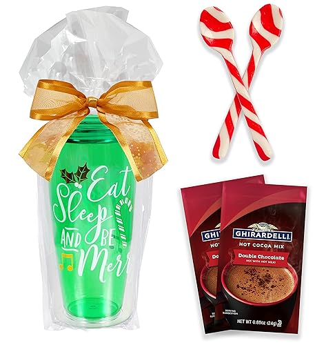 Ghirardelli - Juego de tazas de chocolate caliente y menta para regalo paquete de chocolate y agitadores en Navidad taza de viaje doble y tapa de