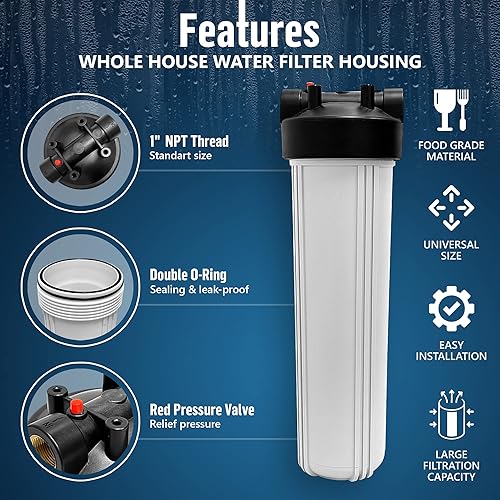 Miniatura 2 de Sistema purificador de filtro para toda la casa de alta capacidad de 20 x 4.5 pulgadas para agua de pozos o ciudades, botón de alivio de