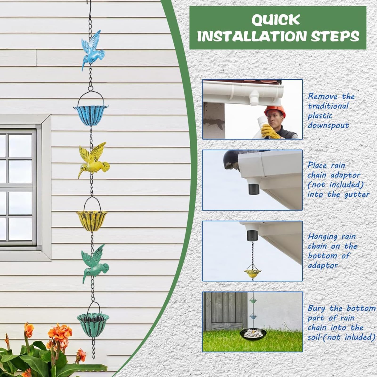 Chaîne de guidage d'eau en métal en forme d'oiseau - Solution de drainage durable pour tonnelle et terrasse - Système de flux d'eau de pluie en plein air - Chaîne en métal pour parc, couloirs et