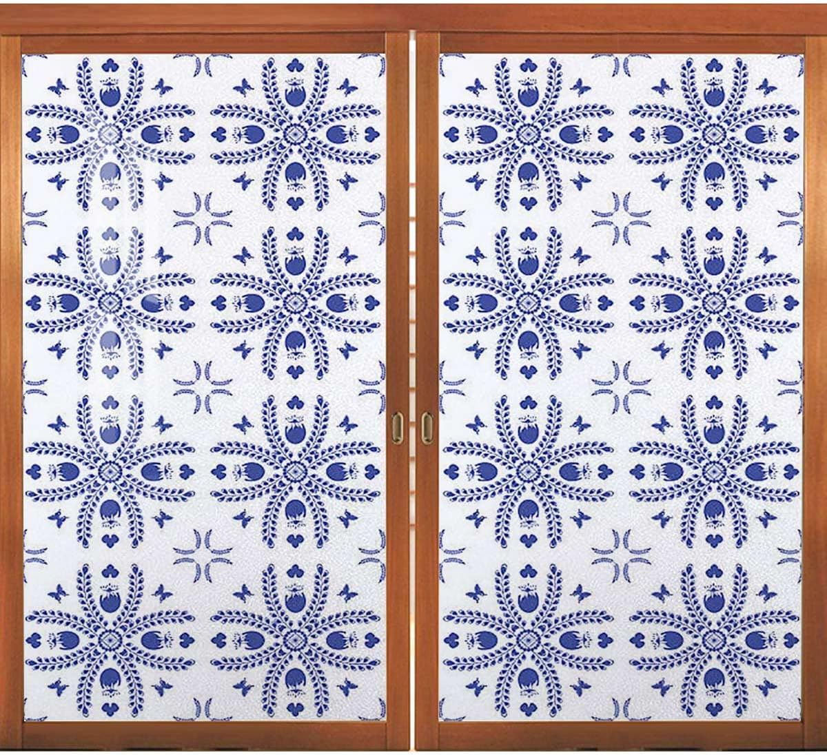 インジゴ白 窓ガラスフィルム 四角抽象図案のタイル化 窓飾りフィルム ガラス飛散防止シート 断熱フィルム UVカット 貼り直し可能