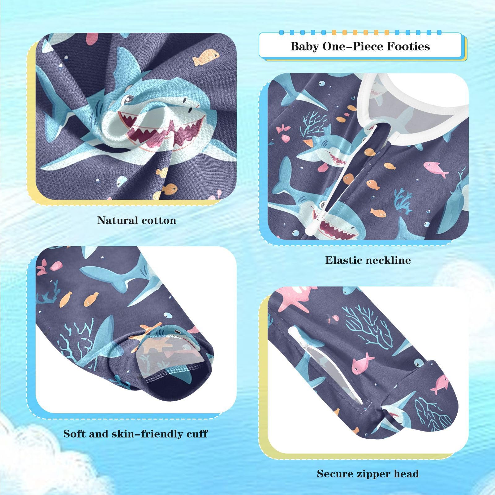 Wusikd Cartoon Sharks Fish One-Piece Footies Cute Bodysuit Rompers Zipper for Boys Girls 6M