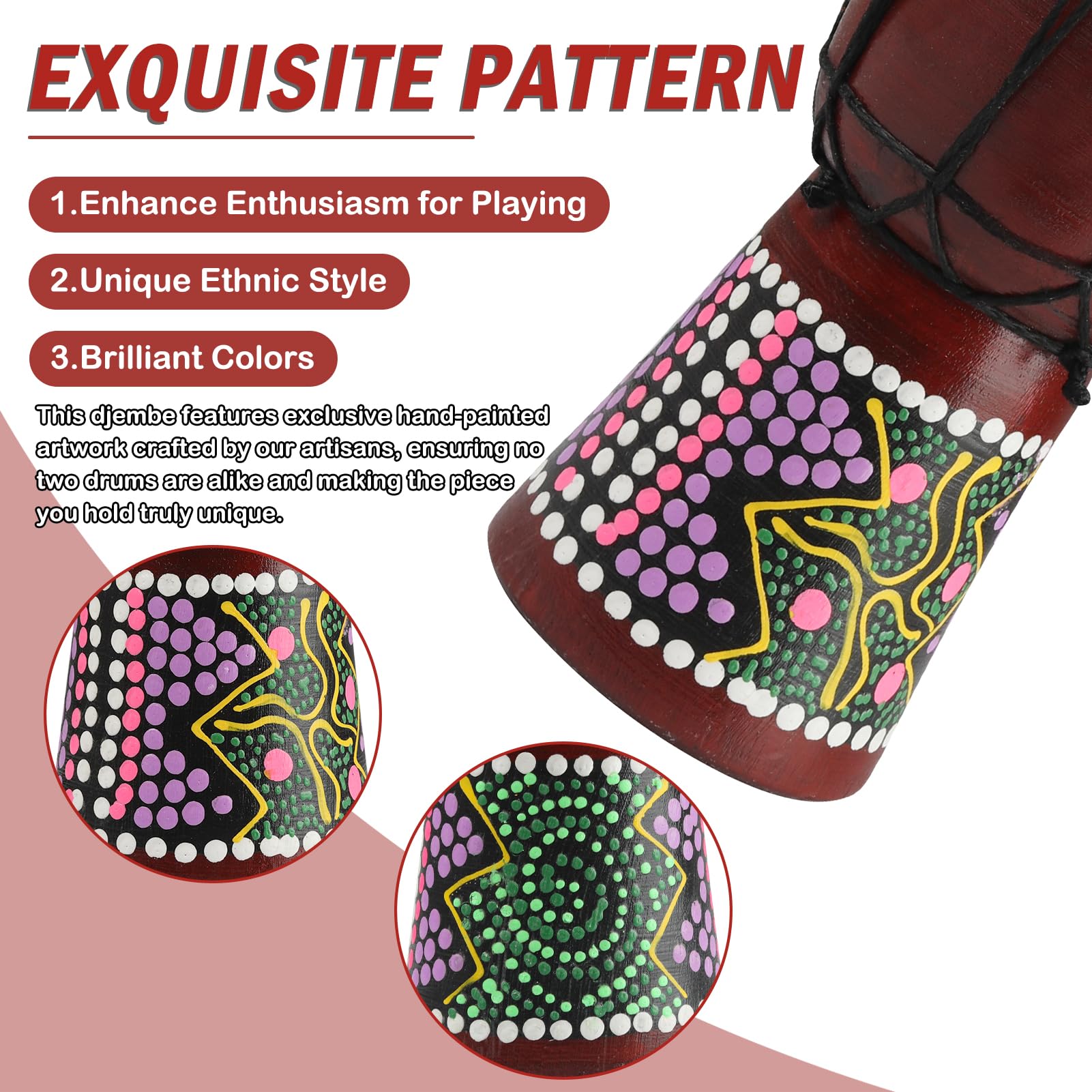 Wood Djembe Drum, 4.5'' x 8''Carved Mahogany African Drums with Goatskin Drumhead, West African Styled Professional Djembe Hand Drum for Kids and Adults Beginners