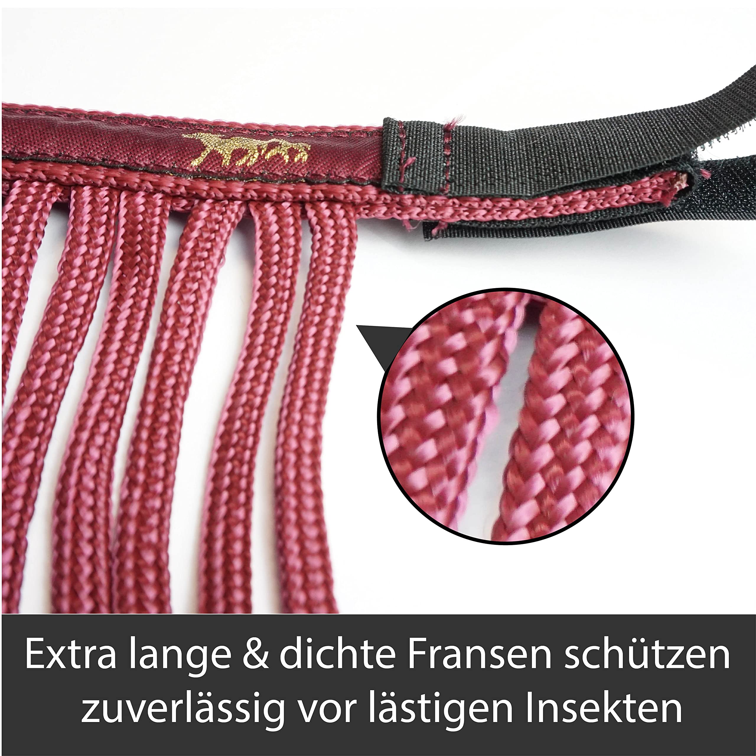 Cabestro para caballos con cuerda y flecos de mosca, Protectores, Cabestro con punto – Cabestro Pony Shetty Cabestro Cob Full Kb (sangre fría (X-Full), color burdeos negro