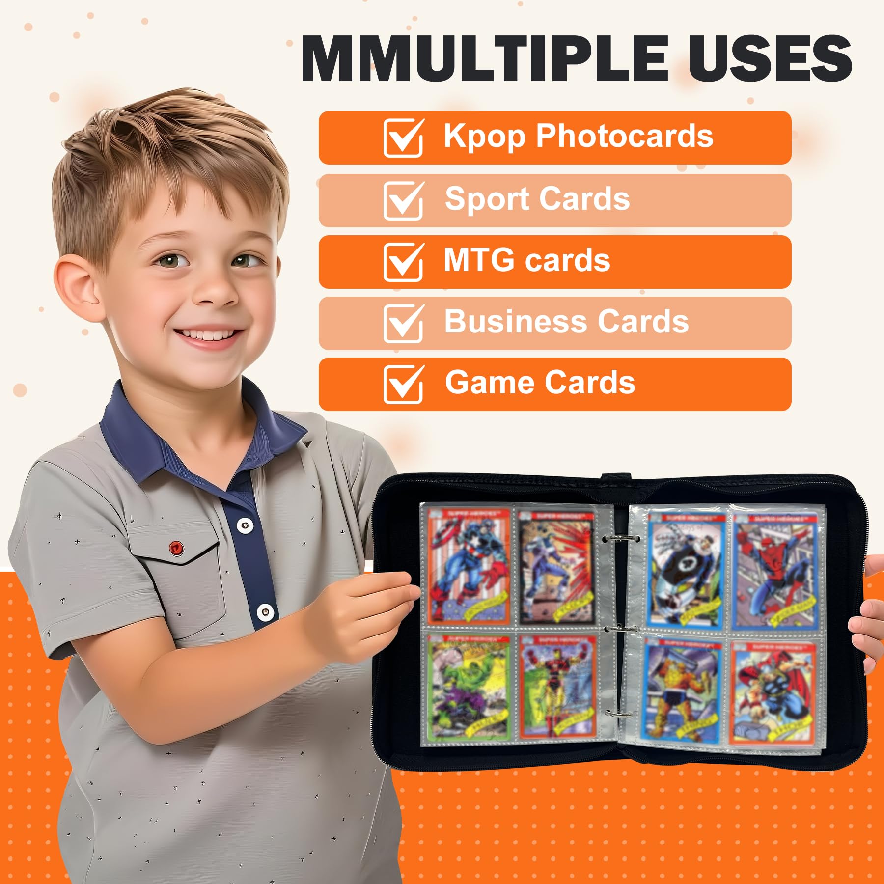 Album per carte in pelle termocromatica, 1080 tasche, 3 anelli | 60 buste double face, senza acidi e PVC, termosensibili, per carte TCG, per collezionisti