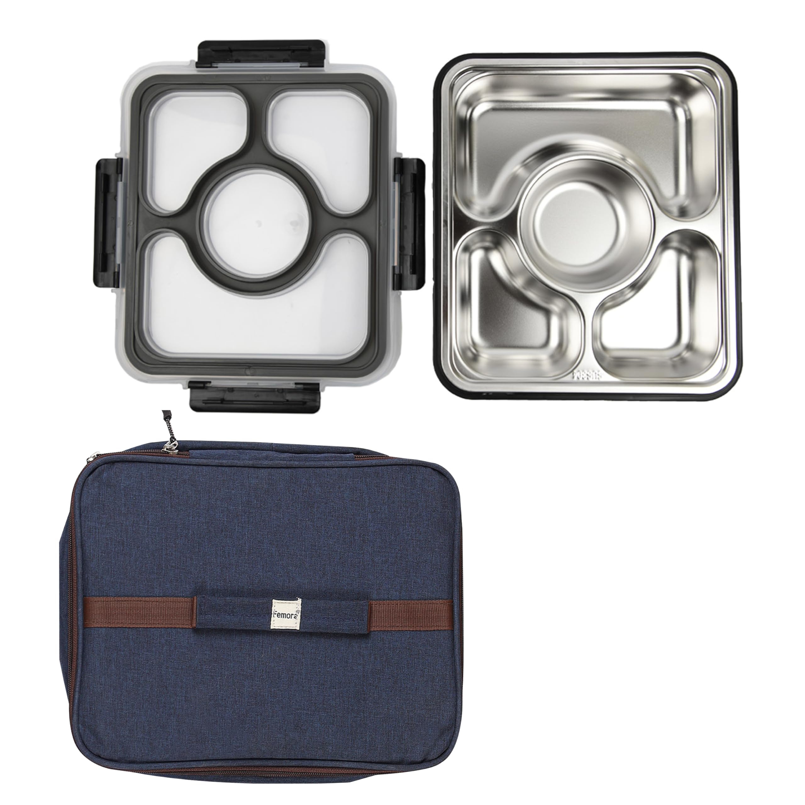 Femora High Steel Container Rectangle Lunch Box for Office-College-School - (4 Pots) - Black-With Bag