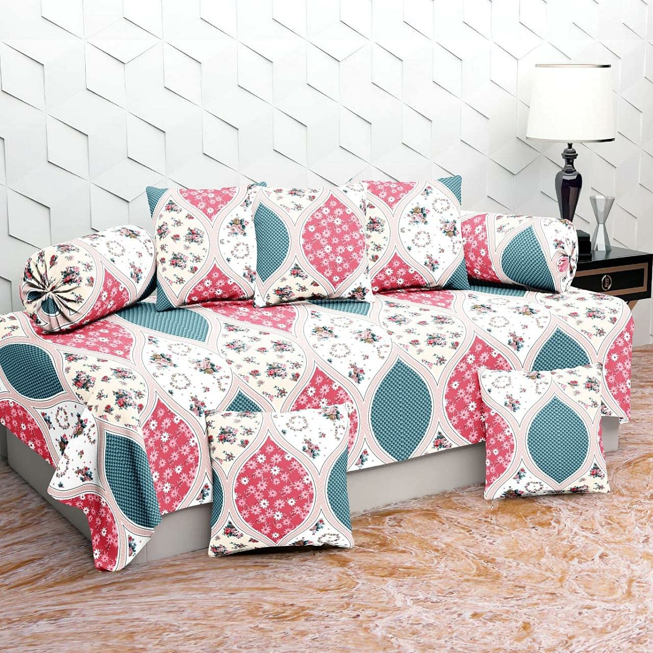 200TC Diwan Set Cotton 8 Piece | Deewan Printed Bedsheet Sets for Living Room Hall (Set of 8 Piece, 1-Bed Sheet 60x90 Inch | 2-Bolster Cover 16x32 Inch | 5-Cushion Cover 16x16 Inch)(AB-28)-image-16