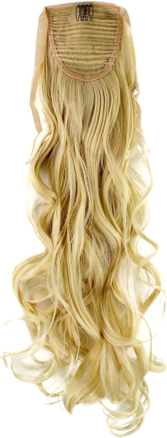 Hairpiece PONYTAIL (comb & ribbon wrap-around system) extension pigtail very long (24 inches) slightly CURLED wavy BRIGHT BLOND platinum YZF-1094HT-613 - Image 3