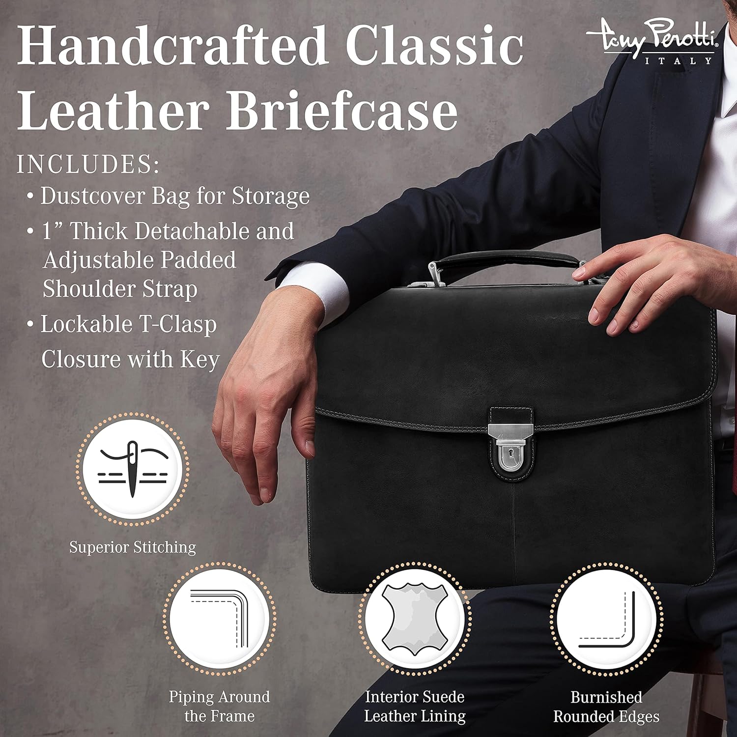 Tony Perotti Bella Russo Men's Italian Leather Messenger Bags - Triple Compartment Briefcases for Men - Tanned Leather