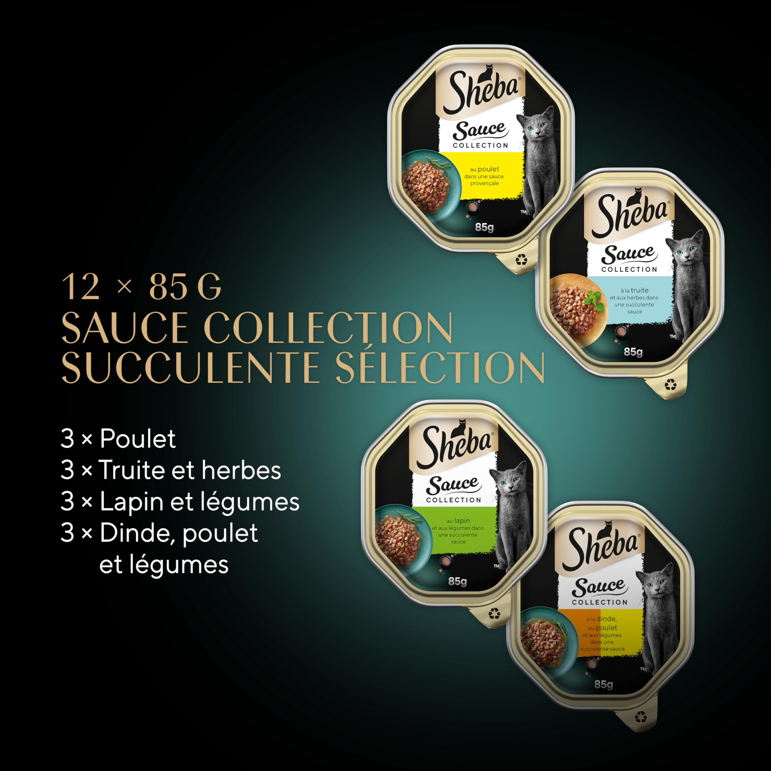 Sheba Sauce Collection Barquettes Nourriture Humide pour Chat Adulte Sélection Mixte 4 variétés 12x85g