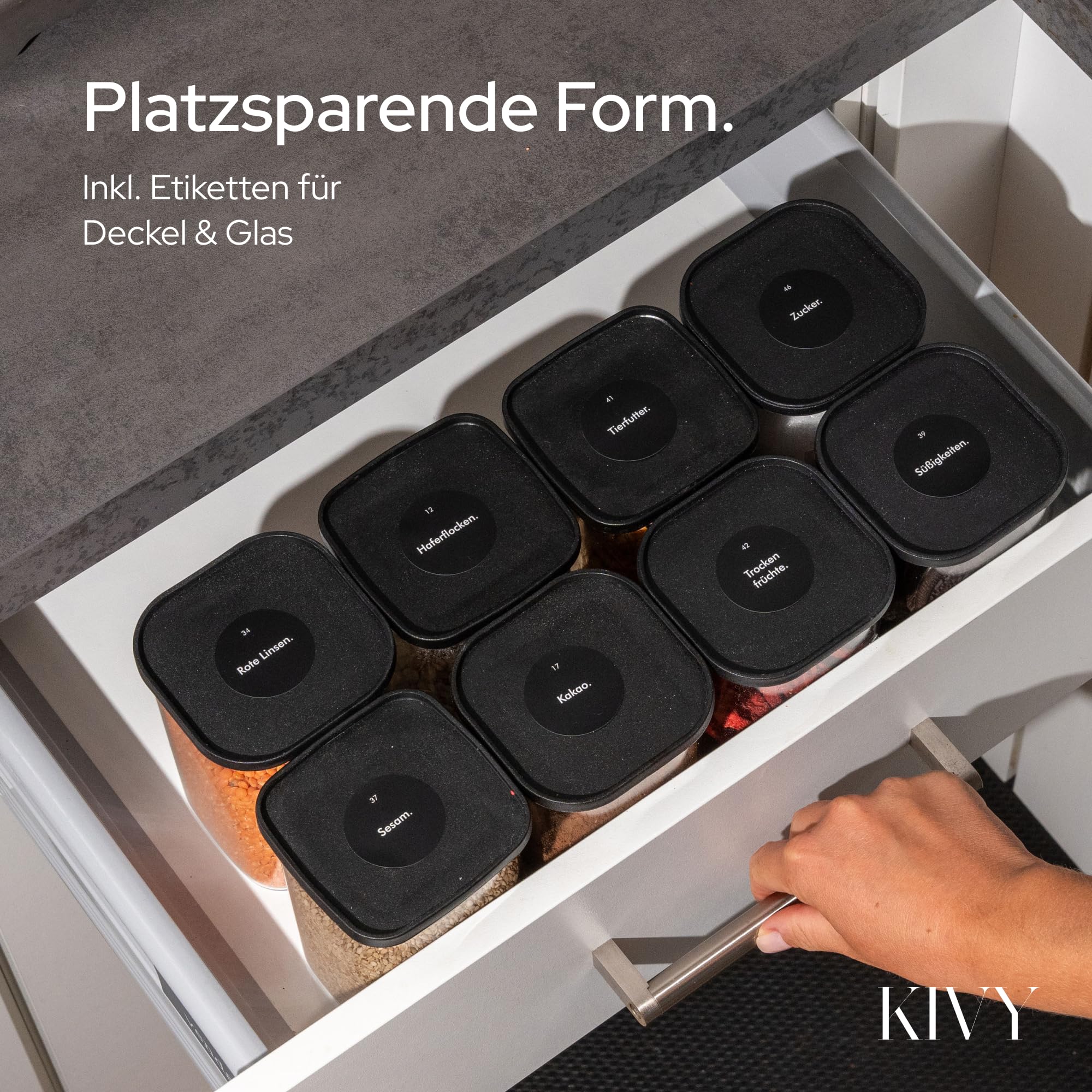 KIVY Słoiki na zapasy prostokątne [zestaw 12 szt.] + etykiety – można układać w stos i hermetyczne słoiki do przechowywania z pokrywką – czarne słoiki do przechowywania z pokrywkami – hermetyczne
