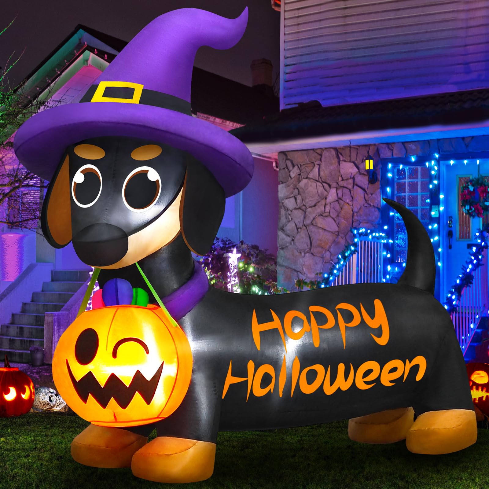 Danxilu 5FT Halloween Inflatable Weiner Dog with Pumpkin Outdoor Decoration