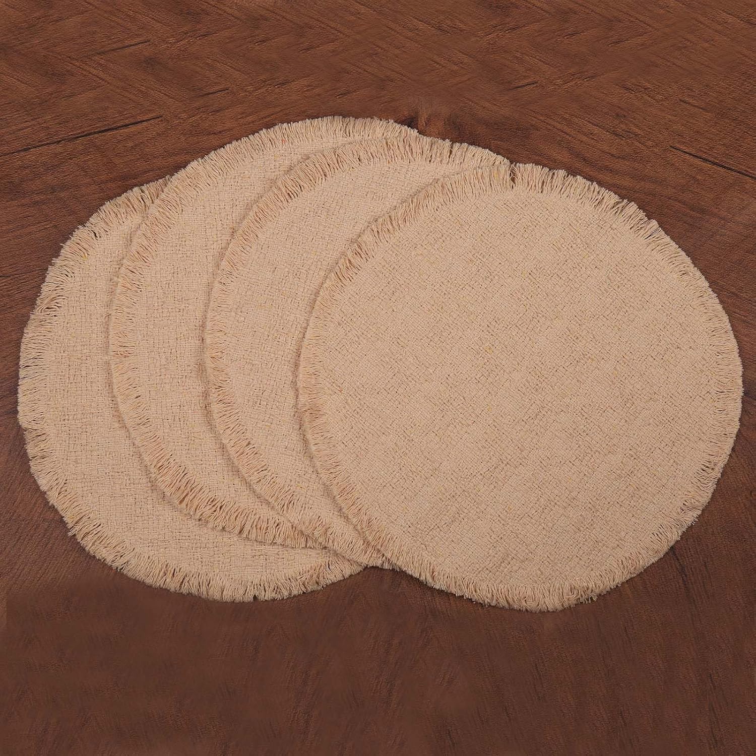 FunWheat Cloth Round Placemats Set of 4 Natural Cotton Soft Place mats for Dining Table Heat Resistant Non Slip Woven Table Mats 15inches with Tassels for Spring Decor (Round Beige,4pcs) Beige 4pcs