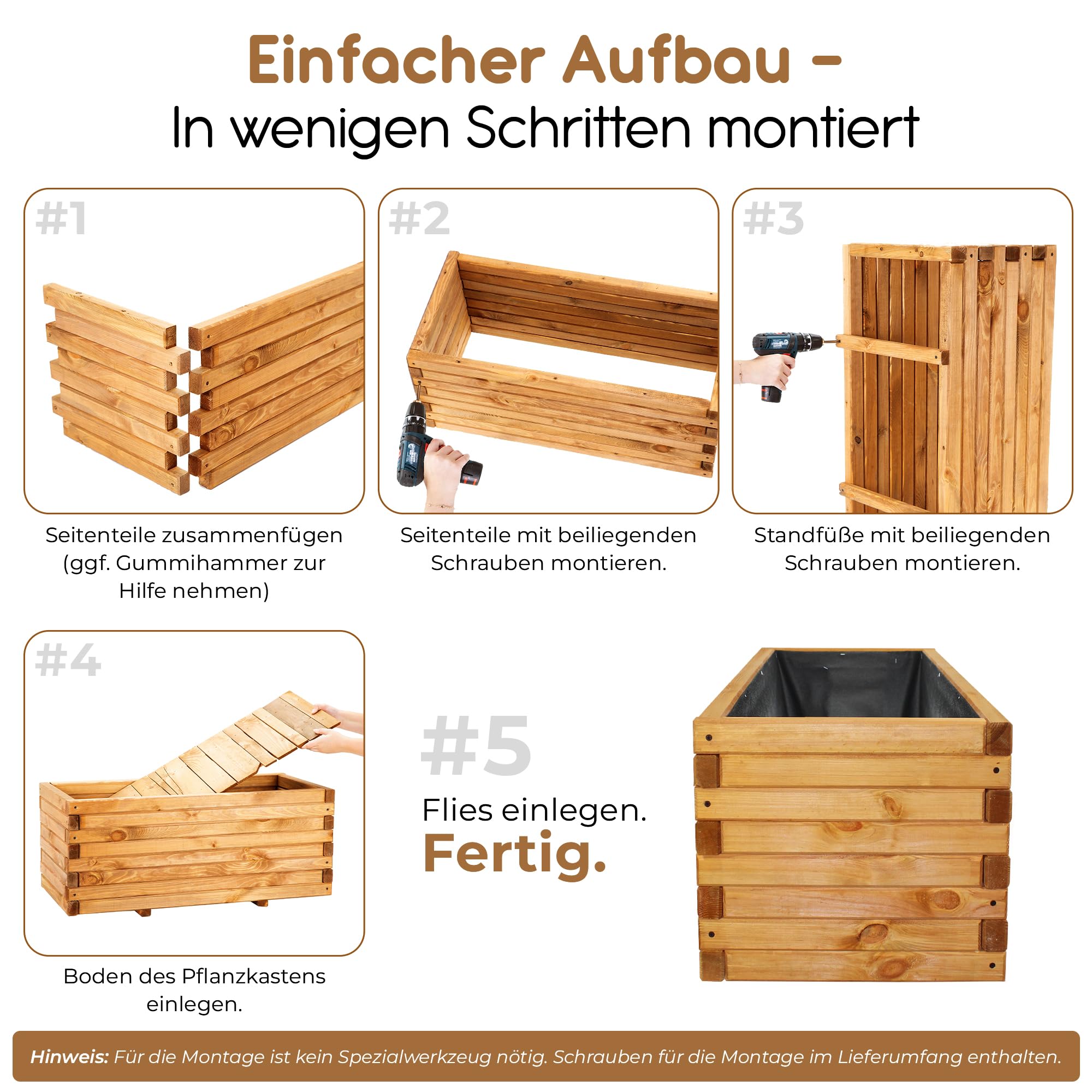 BooGardi Pflanzkübel groß außen & innen mit Vlies · Pflanzkasten rechteckig in 10 Größen · 120 cm lang naturbraun · Hochbeet Holz für Garten, Balkon & Terrasse · Blumenkasten XXL