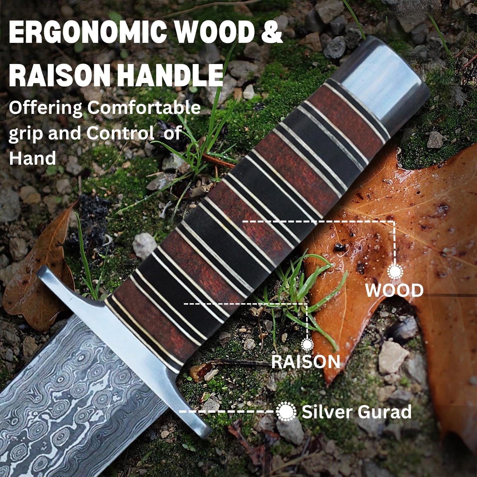 Real Steel Craft Damascus Steel Dagger, Arkansas Toothpick Knife with Damascus Blade, Rain Drop Pattern, Leather Sheath