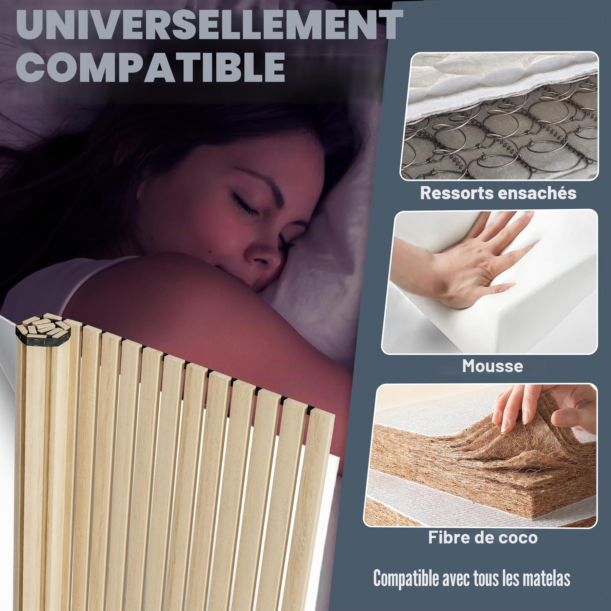 UISEBRT Sommier enroulable en bois d'épicéa, 23 lattes, 140 x 200 cm, lattes en bois avec caoutchouc noir, adapté à tous les types de matelas, capacité de charge jusqu'à 300 kg