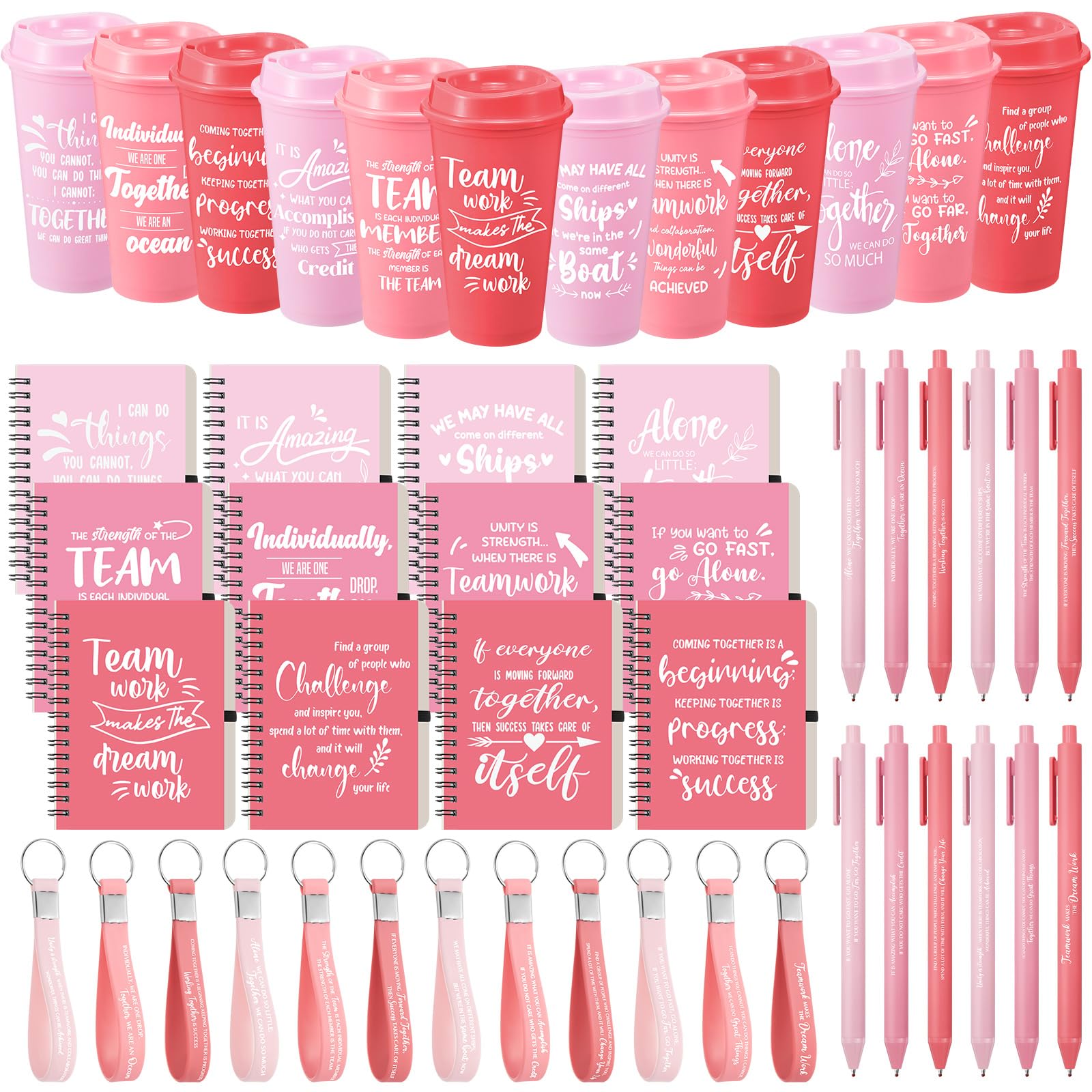 Skylety 12 Set/48 Pcs Team Appreciation Gift Set Inspirational Employee Appreciation Gift Bulk 16 oz Coffee Cups with Team Notebook Pen Keychains for Staff Teacher(Pink Color)