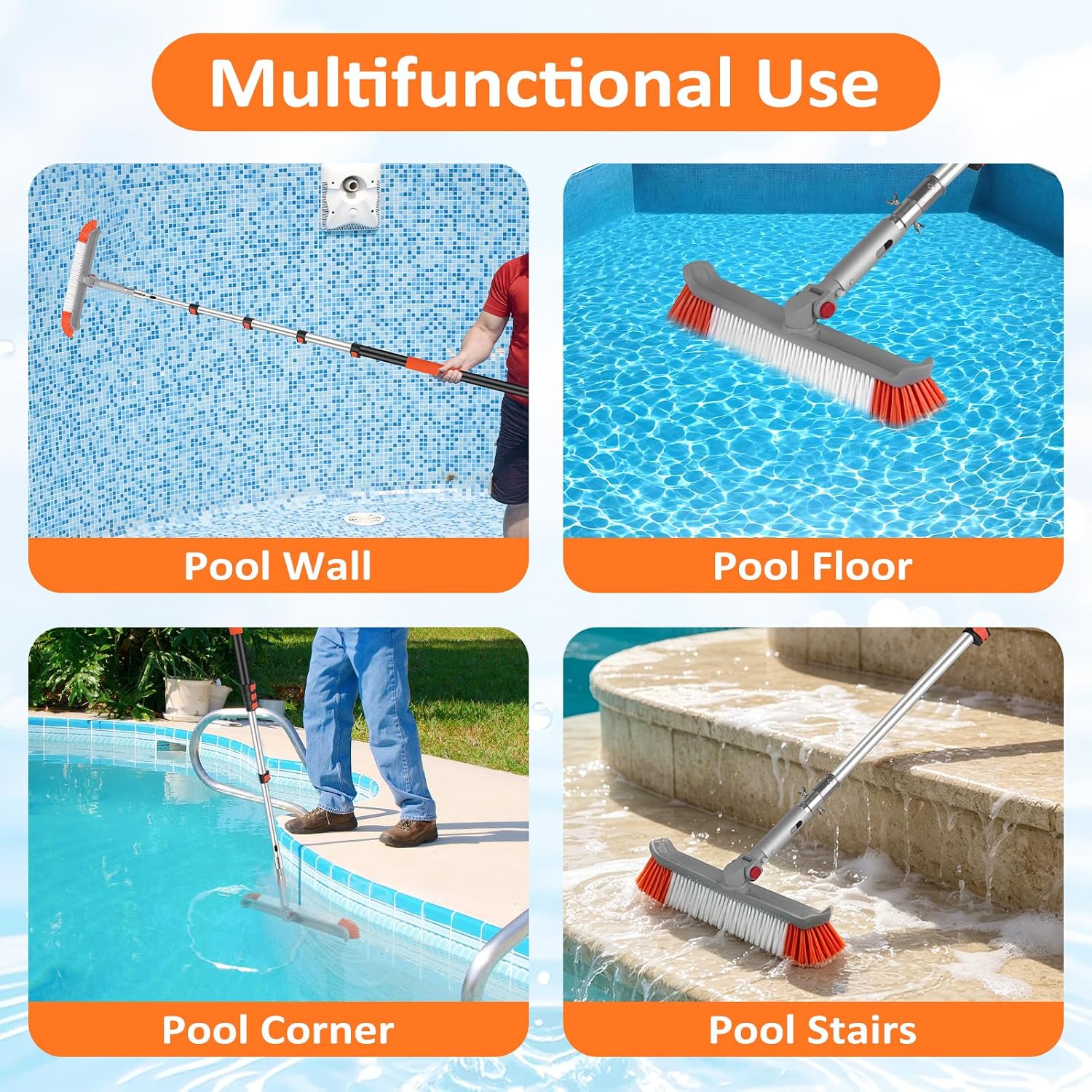 16FT Pool Brush with Pole, 18" Heavy Duty Swimming Pool Brush with 4-16FT Aluminum Telescopic Pole, Pool Scrubber Brush Head with Universal Adapter for Cleaning Pool Walls, Corners, Floors