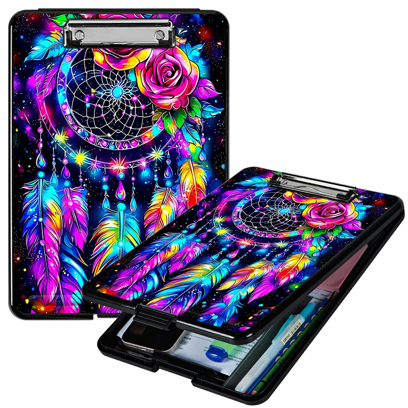 RWUTYTIUL Artistic Dreamcatcher A4 Clipboard with Storage Pen Holder, Clipboards Organizer Nursing Clipboard Foldable File Folder Plastic Clipboard Folio Clip Board for Office Students Classroom — image 1