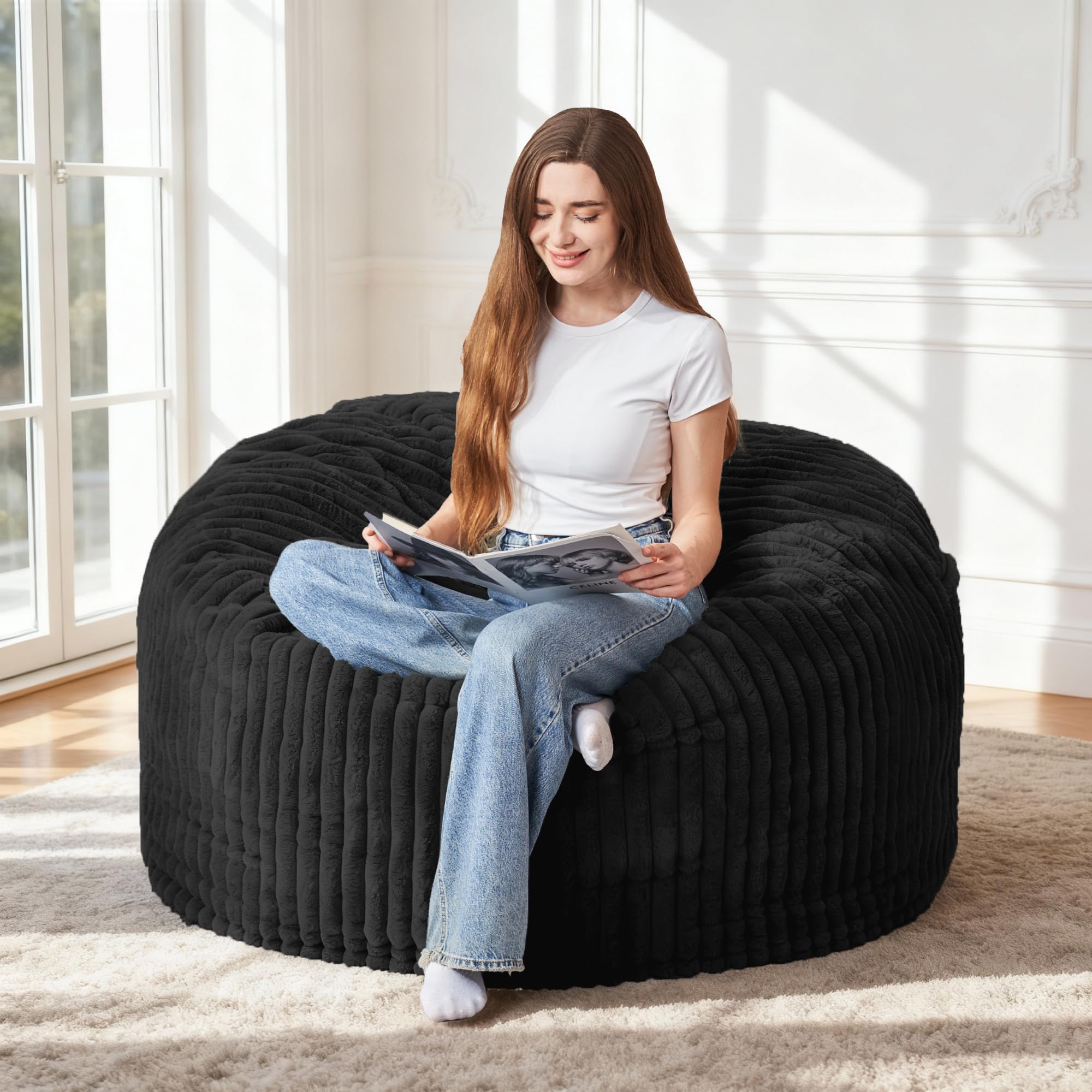 HABUTWAY 3FT Bean Bag Chair, 3' Large Bean Bag Chairs for Adults with Stripe Plush Cover, Memory Foam Beanbag Chair for Living Room Bedroom Dorm，Black