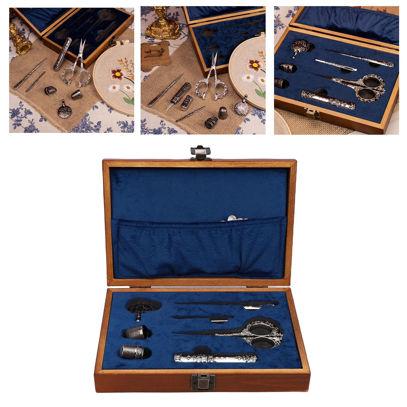 Juego de herramientas de costura vintage Kit de herramientas de costura vintage europeo Tijeras de bordar Placas para enrollar hilos Dedales y agujas de metal para bordar