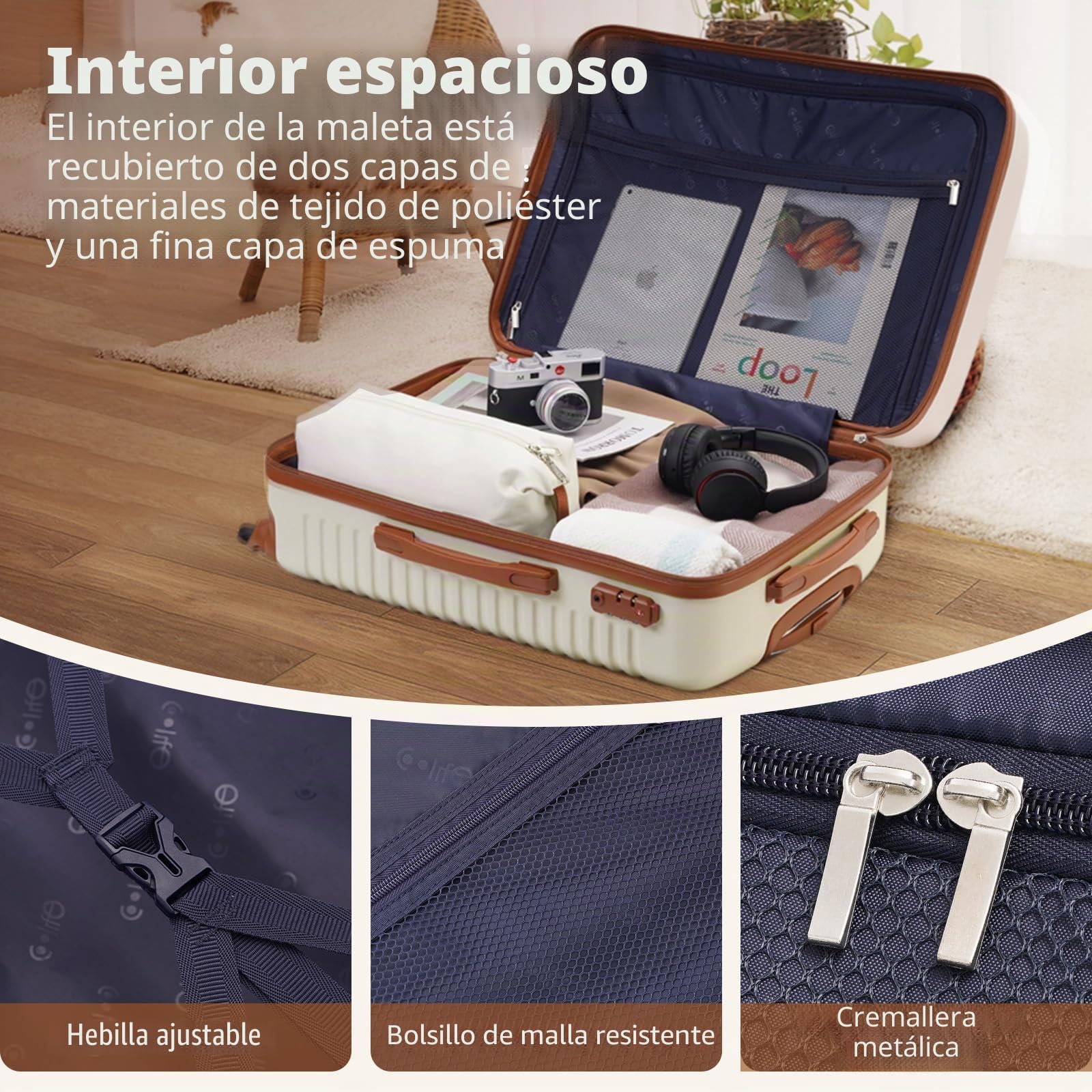 COOLIFE Juego de Maletas 5 Piezas, 20"+24"+28" Maletas para Viaje Familiare | Maleta de Viaje con Cerradura TSA y Ruedas Giratorias de 360°, Juego Maletas de Viaje con Mochila y Neceser (Blanco/Marrón)