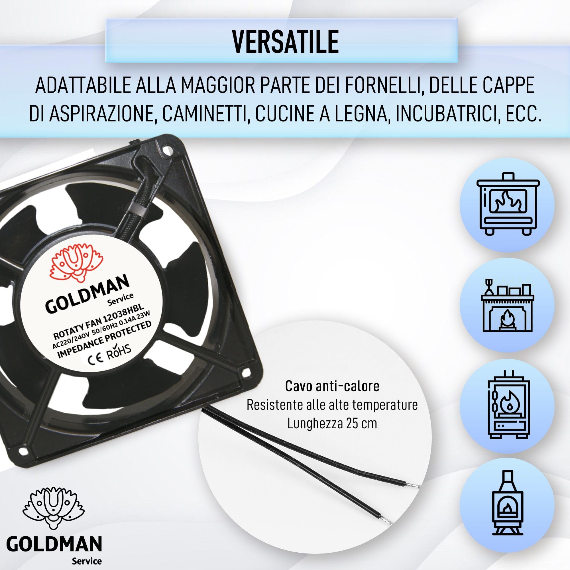 GOLDMAN SERVICE | Ventola Assiale ad Alta Temperatura con Griglia e Filtro per Inserti da Camino | Silenziosa con Pale Metalliche Potenti | Dimensioni: 120×120×38 mm (23 W)