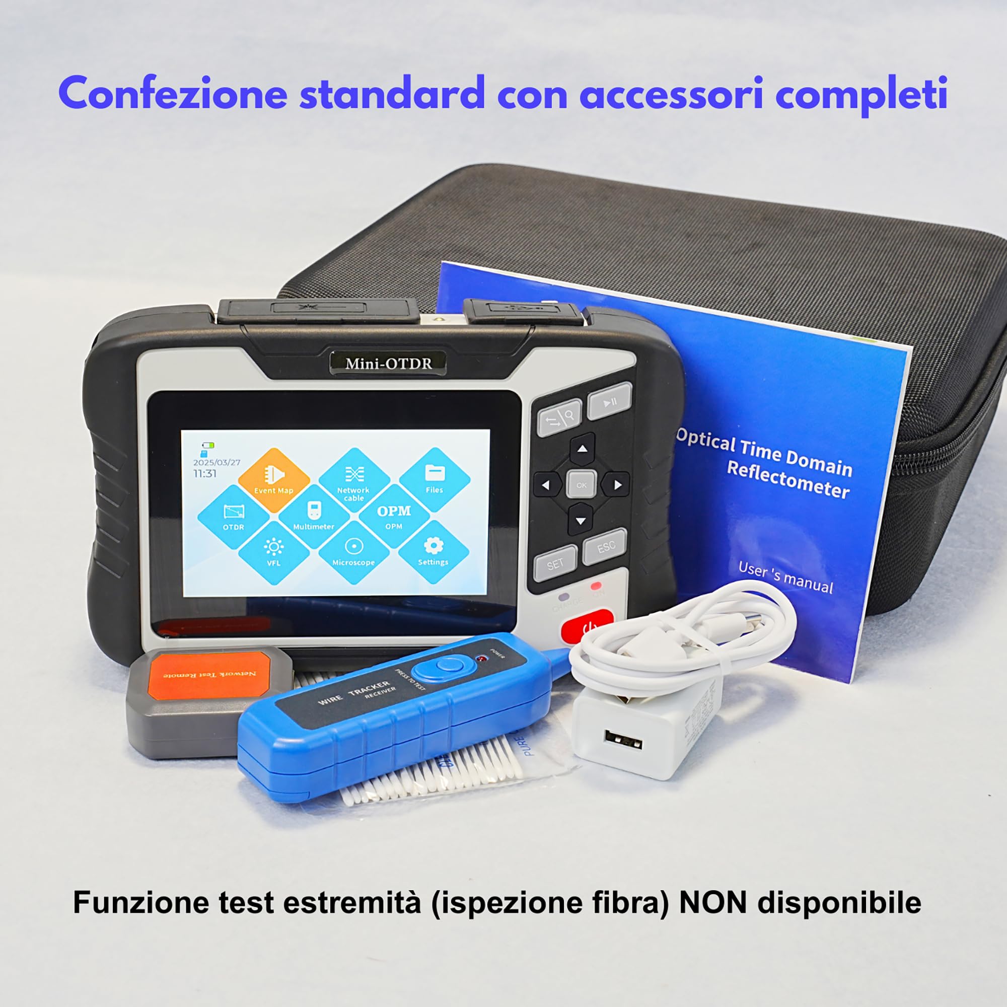 NK4300D OTDR portatile per fibra ottica monomodale 1310/1550nm 26/24dB con schermo touch 4,3 pollici - Mini OTDR con VFL, OPM, OLS, Event Map, RJ45 e batteria ad alta capacità (FC/UPC)