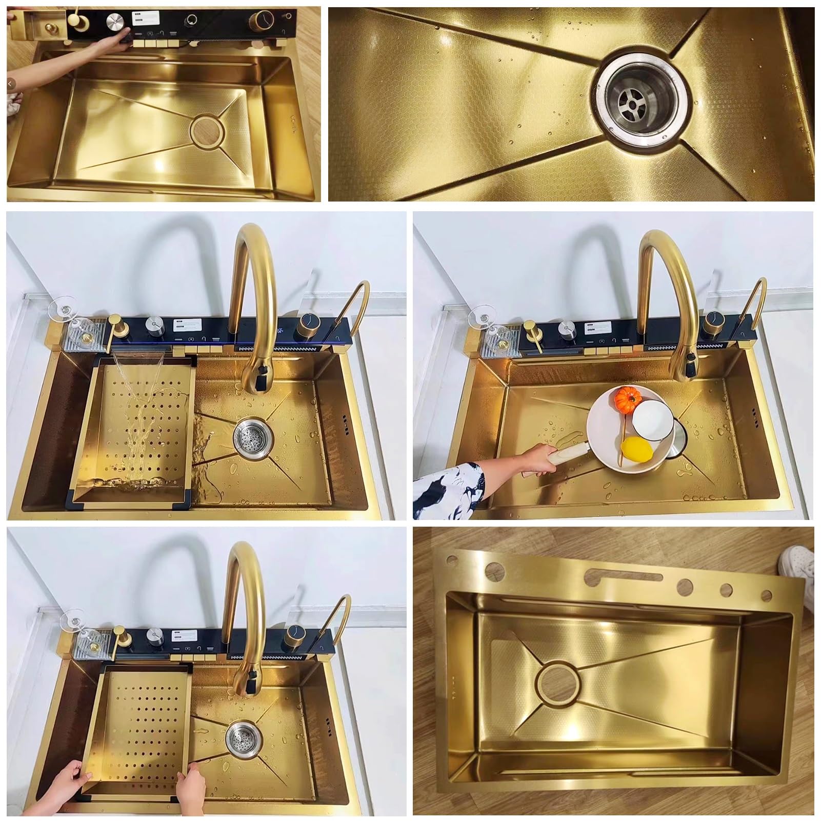 Waterfall Kitchen Sink Gold 304 Stainless Steel Waterfall Pull - View #3