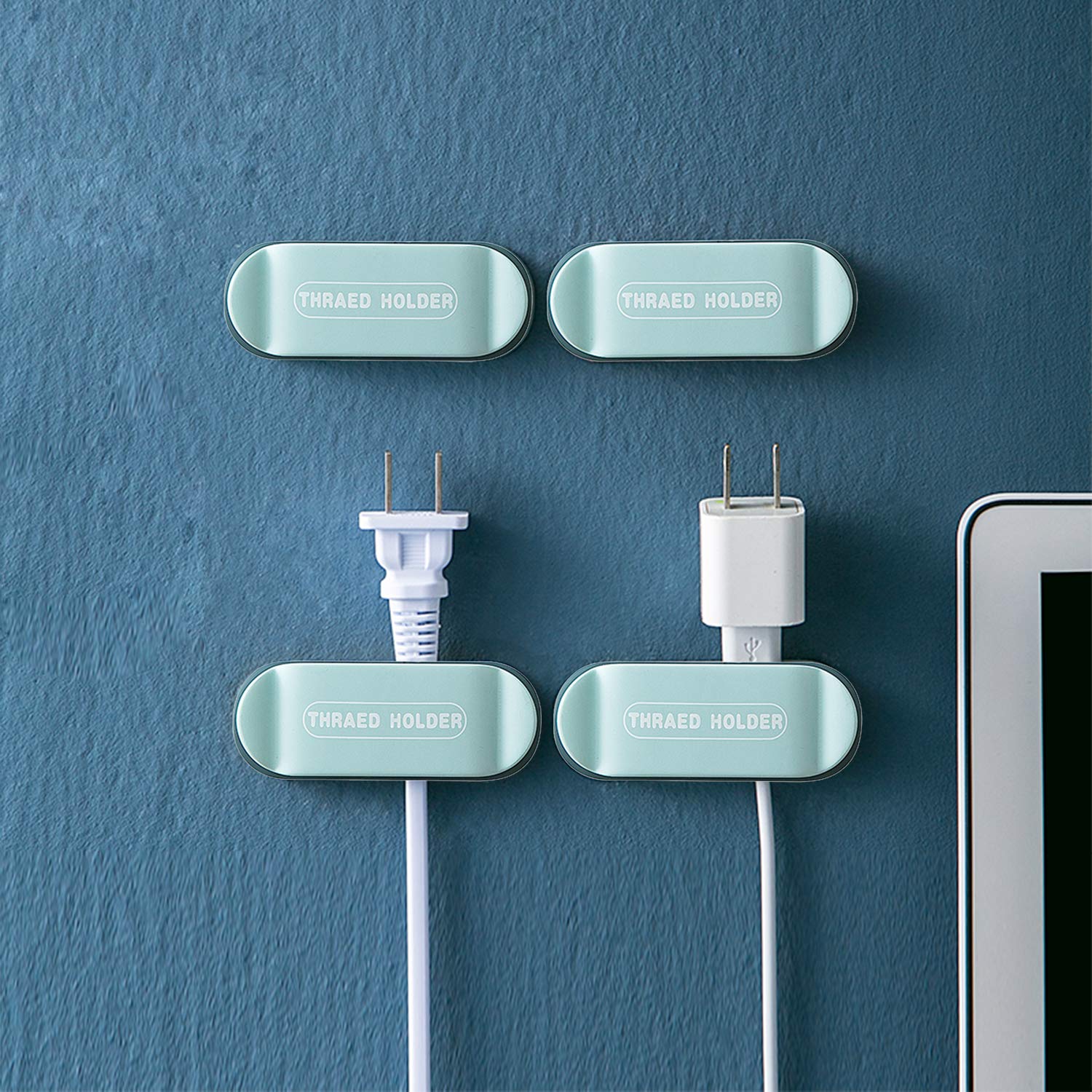 4 Pack Plug Holder & Cable Clips, KRGMNHR Self Adhesive Plug Cord Management for Organizing Office and Home PC Desktop, Cable Cords, USB Mouse Cable Wire, (Light Blue)