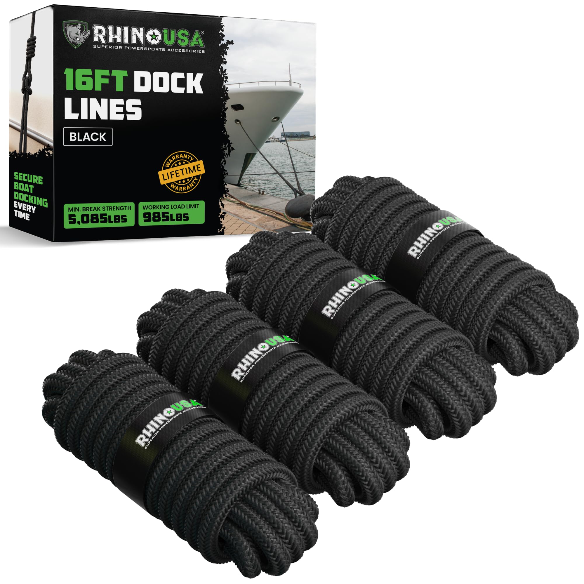 Rhino USA 1/2" x 16' Dock Lines - Heavy Duty Marine Grade Rope for Boats, Kayaks, Pontoons, Fishing and More! Ultimate Boating Accessory - Black