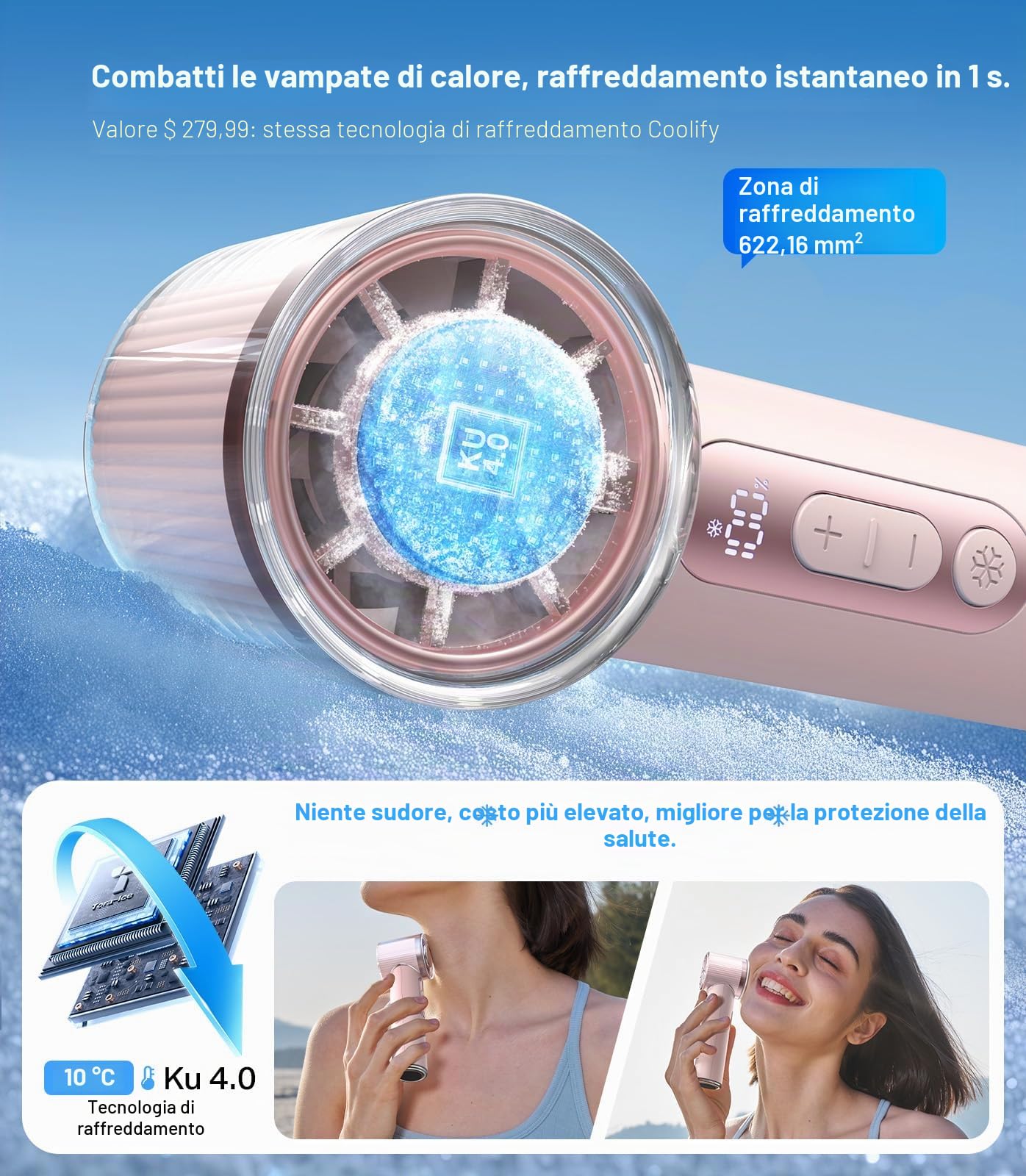 TORRAS Coolify iva Ventilatore portatile con refrigeratore per ghiaccio, ventilatore personale ricaricabile da 5000 mAh, velocità regolabile da 0 a 100, super mini ma potente, ventilatore portatile