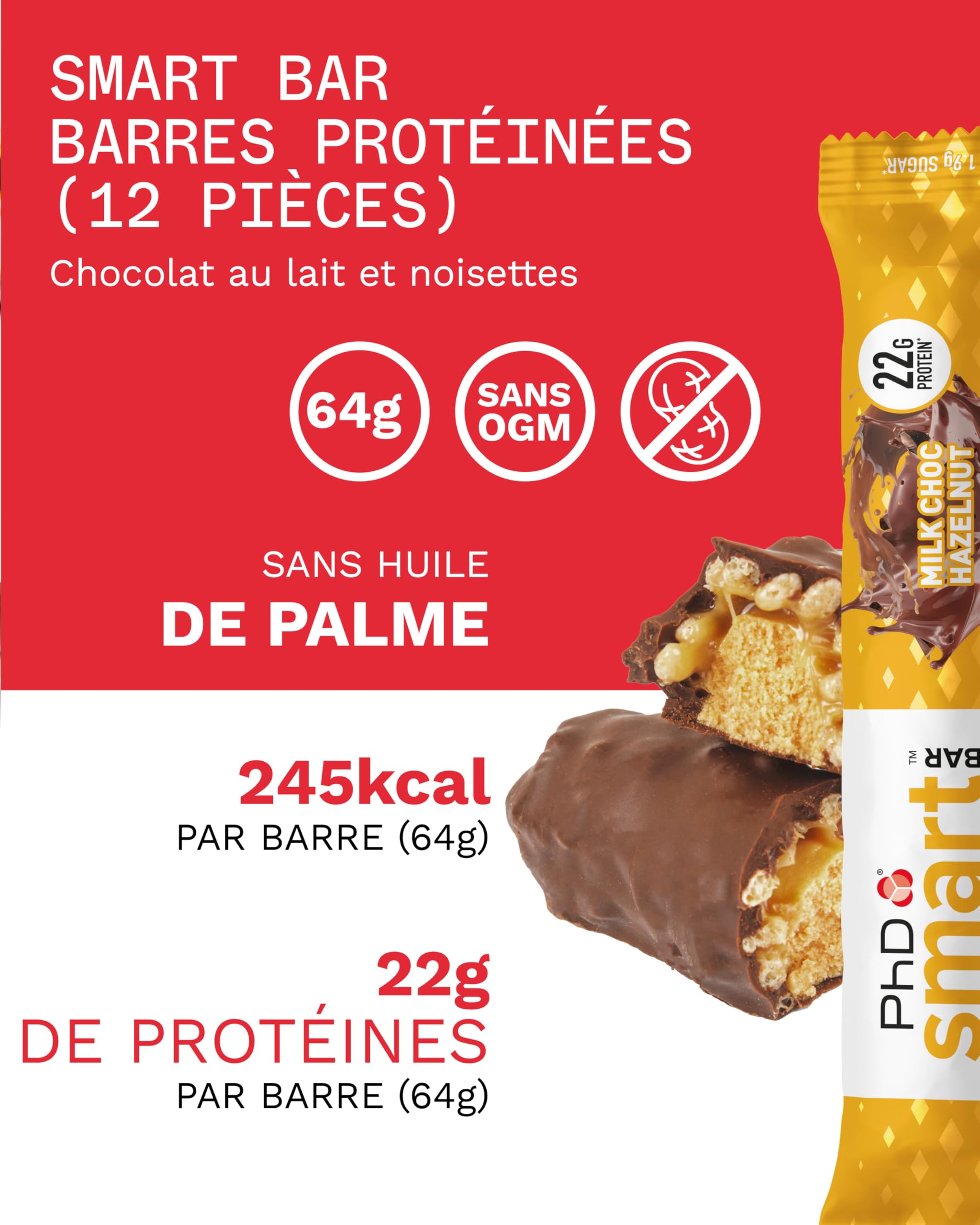 PhD Nutrition Smart Protein Bar niskokaloryczny, odżywcze batony białkowe/przekąski proteinowe, wysokobiałkowy, niskosłodzony, czekoladowy aromat orzechów laskowych, 20 g białka, baton 64 g (12