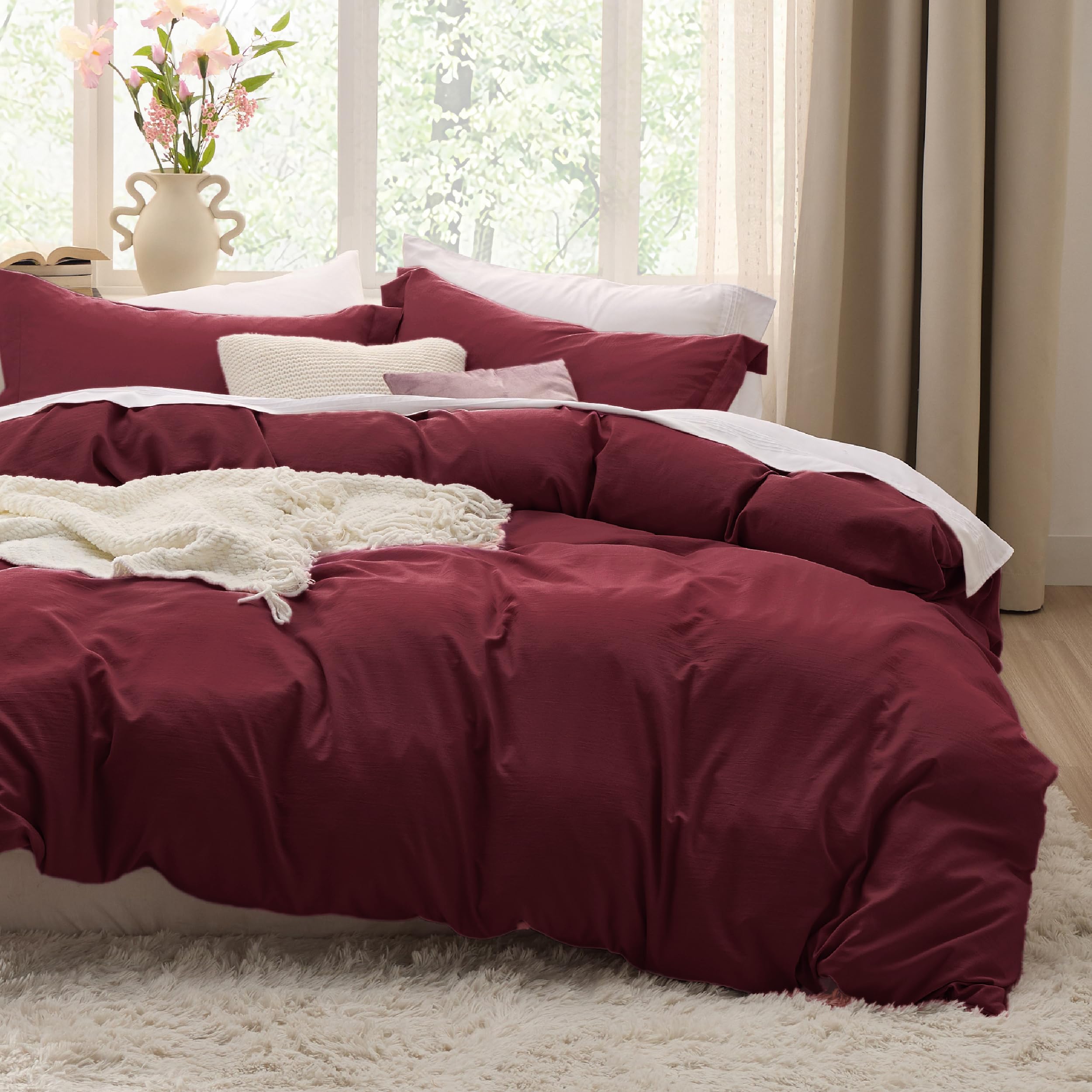 Bedsure Prewashed Duvet Cover King, Cotton-Like Soft Bedding Set, Burgundy