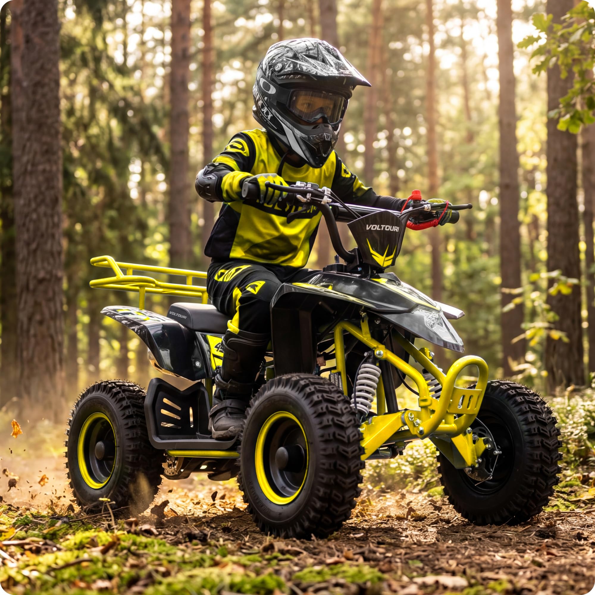 Mini quad 49cc Benzin ATV, 6 Zoll Offroad-Reifen, Scheibenbremsen, LED-Licht und Gepäckträger (GELB, Pull-Start, LED)