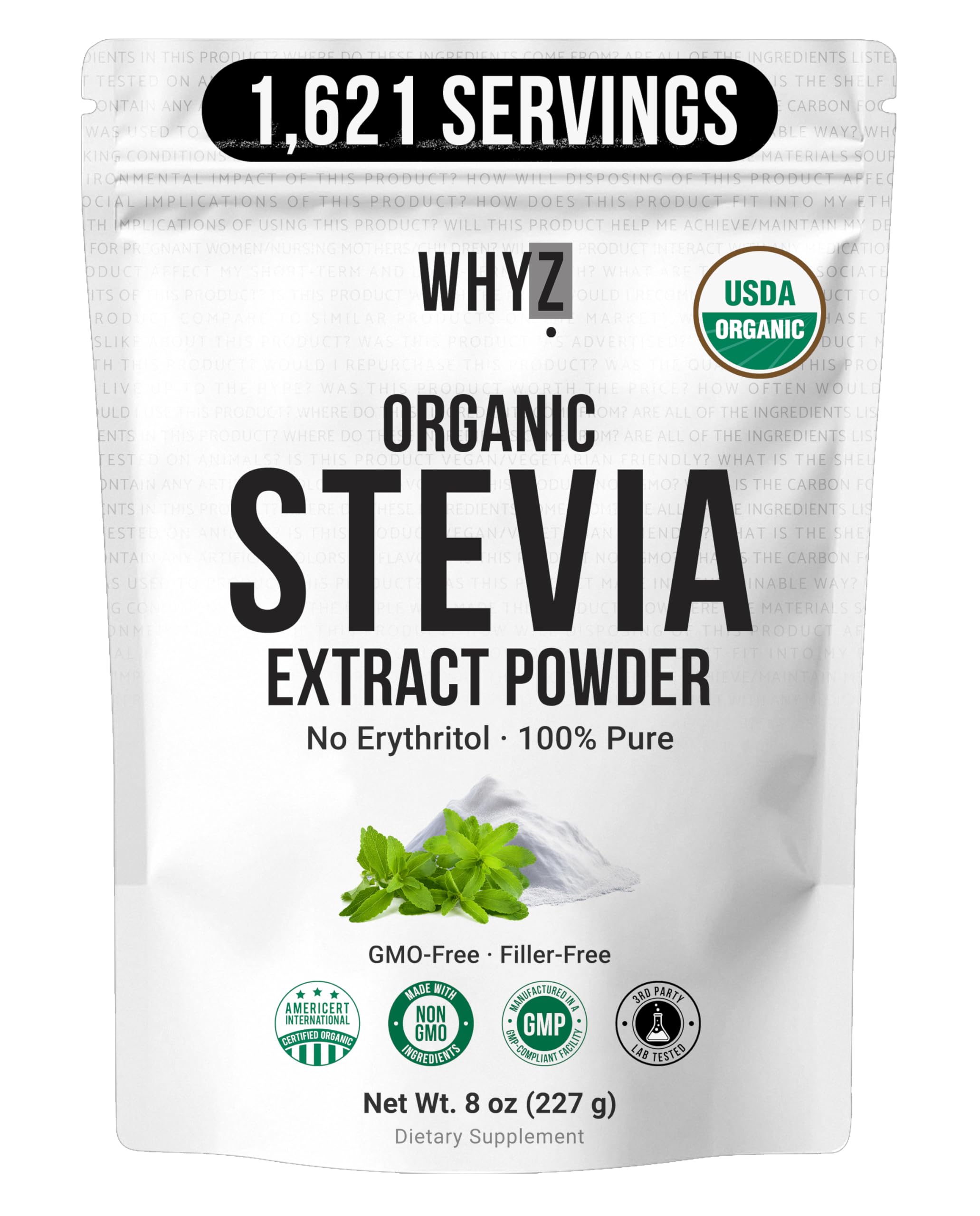 Organic Stevia Extract Powder, 8 oz Zero Calorie Pure Stevia Extract Sweetener, Powder for Baking and Beverages - No Aftertaste, Non-GMO, Keto Friendly- 1600+ Servings