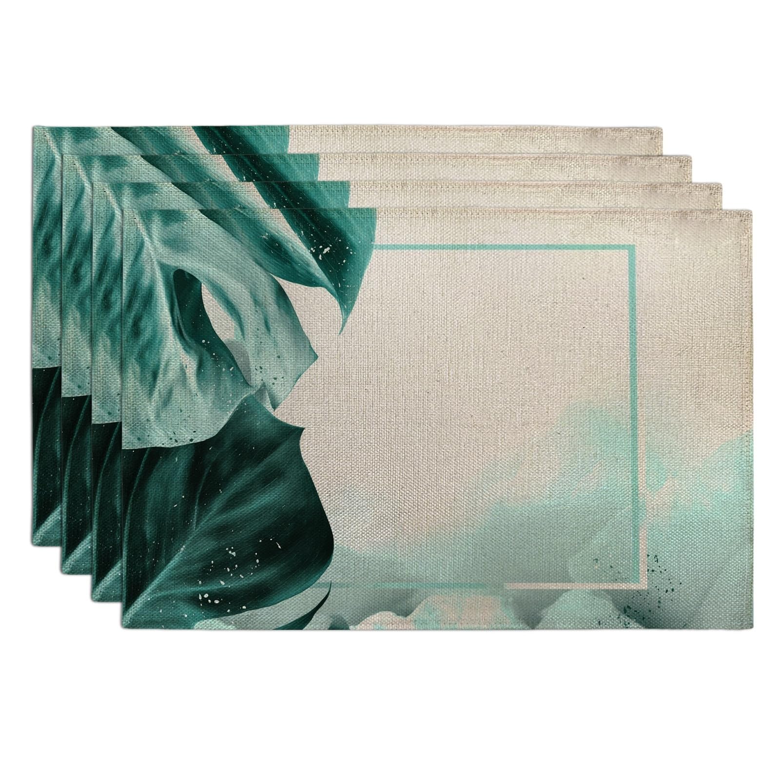 Tropical Leaf Placemats, Teal Botanical Place mats for Dining Table, Non-Slip Washable Indoor Outdoor Party Decorative Placemat Set of 4