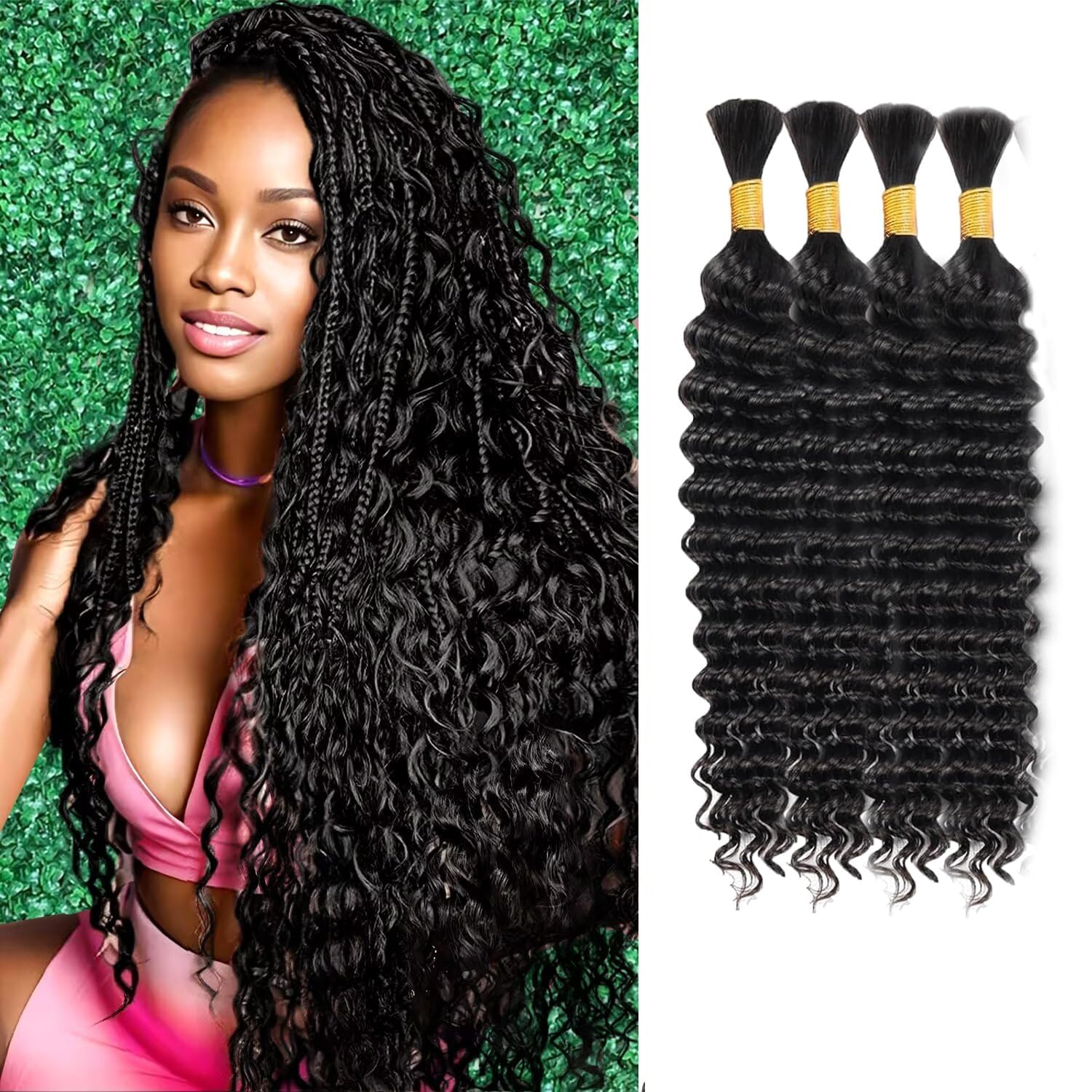 Human Braiding Hair for Boho Braids Deep Curly Braiding Hair Wet and Wavy Human Hair No Weft Brazilian Virgin Boho Human Hair 4 Bundles Total 100g (