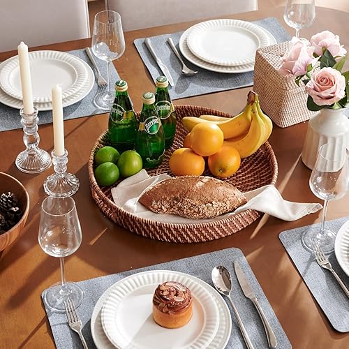 Miniatura 7 de Bandeja de ratán de 16.9 pulgadas, bandeja redonda de mimbre con asas recortadas, bandeja de servir tejida para comedormesa de café