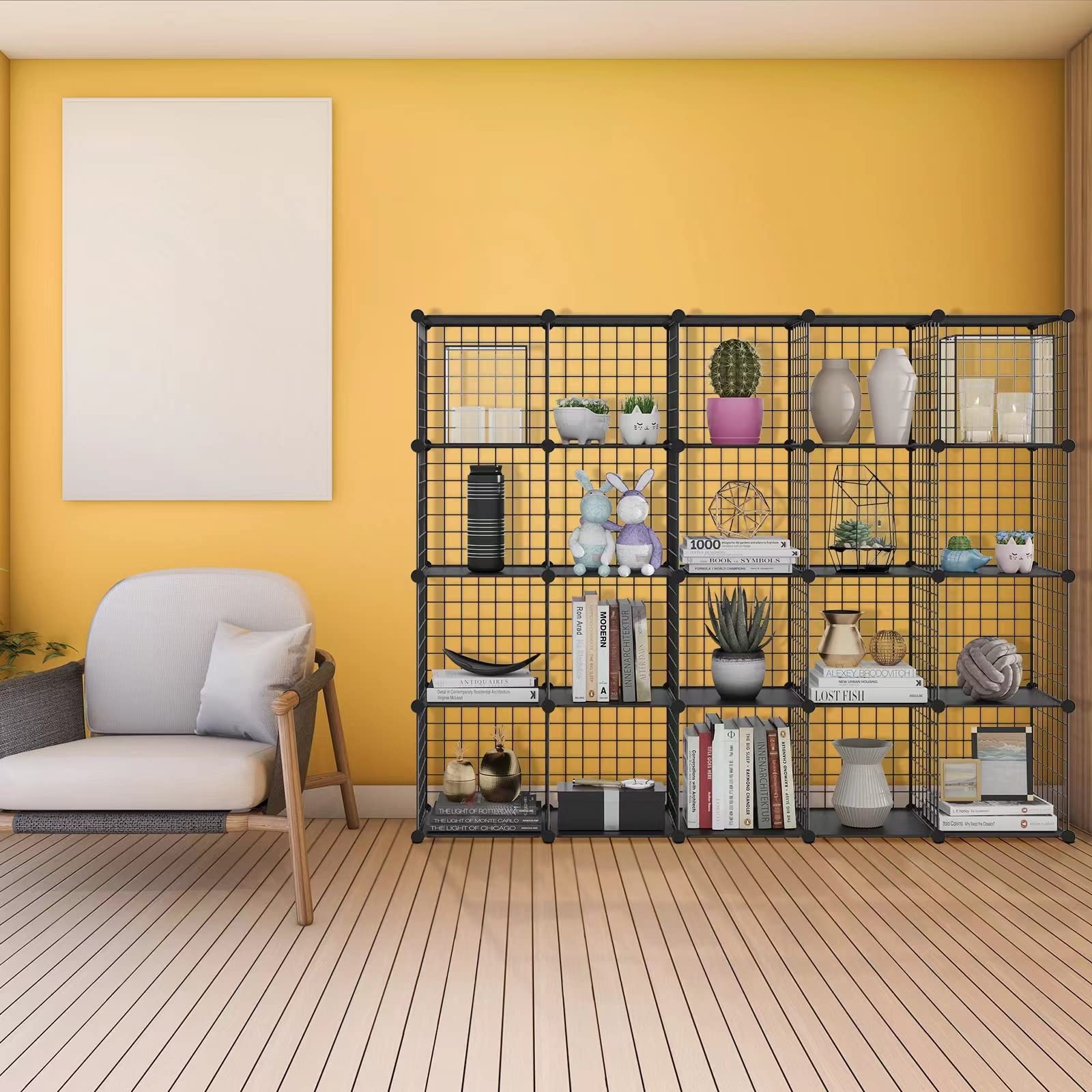 HUBSON Wire Cube Storage Organizer, Book/Toy/Craft/Potted Plants and petCloset Organizers and Storage Shelves?25-Cube Freely Combinable Metal Grids Storage Shelf,Black Plus Iron