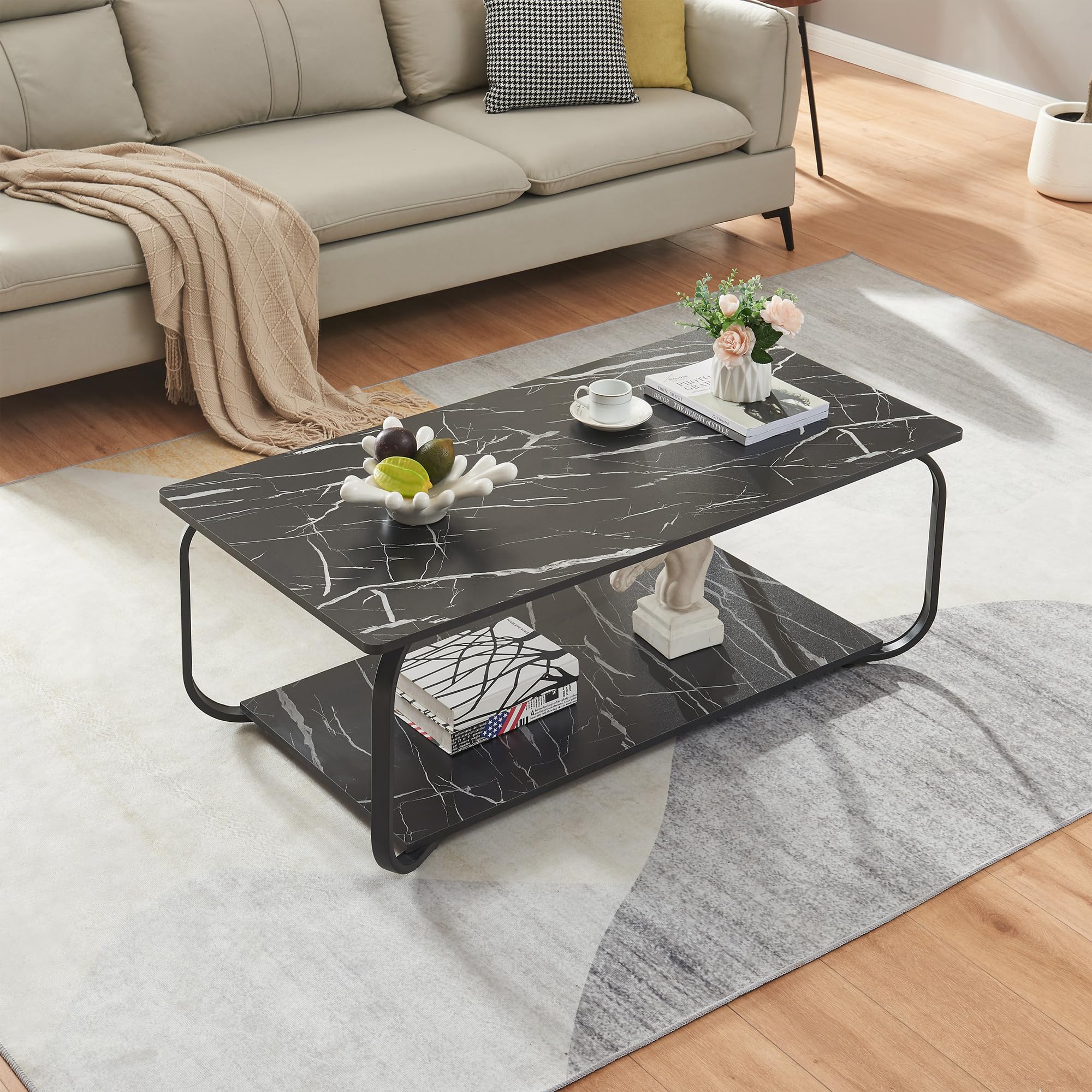 [en.casa] Table Basse de Salon avec Étagère Table d'Appoint avec Surface de Rangement Design Style Intemporel Plateau Rectangulaire MDF Acier 120 x 60 x 43 cm Effet Marbre Noir
