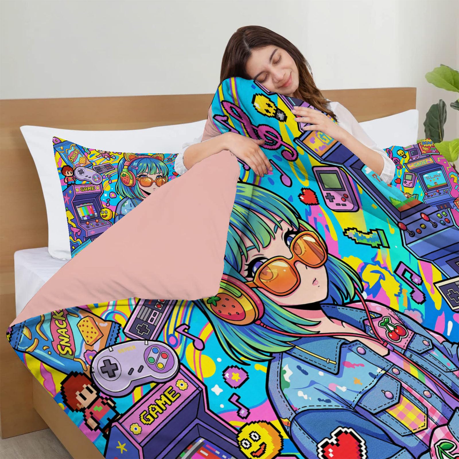Anime Carini Copripiumino Stampa, Morbida Traspirante Ragazza Dei Videogiochi Retrò Copripiumino Con Cerniera 240 x 220 cm Per Bambini Adulti Set Di Biancheria Da Letto Con Federe, Blu