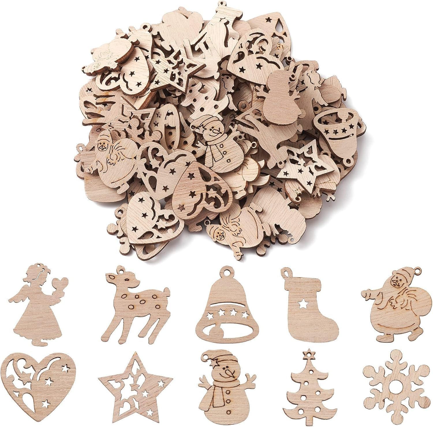200 colgantes de madera para árbol de Navidad, mini adornos para árbol de Navidad, pequeños colgantes para manualidades, colgantes decorativos navideños con cuerda de cáñamo, perfectos para árbol de