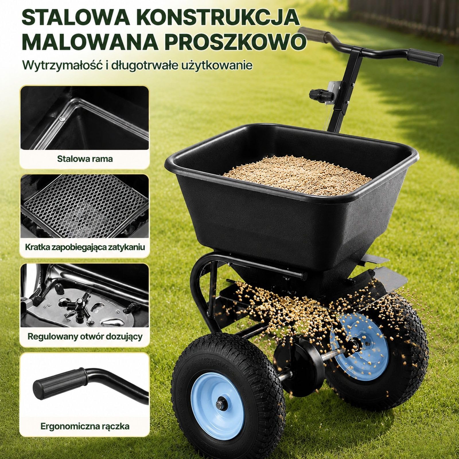 Siewnik odśrodkowy do nawozu i nasion, pojemność 45 kg, regulacja w 30 pozycjach, trapezowy zbiornik, stalowa rama i opony pneumatyczne