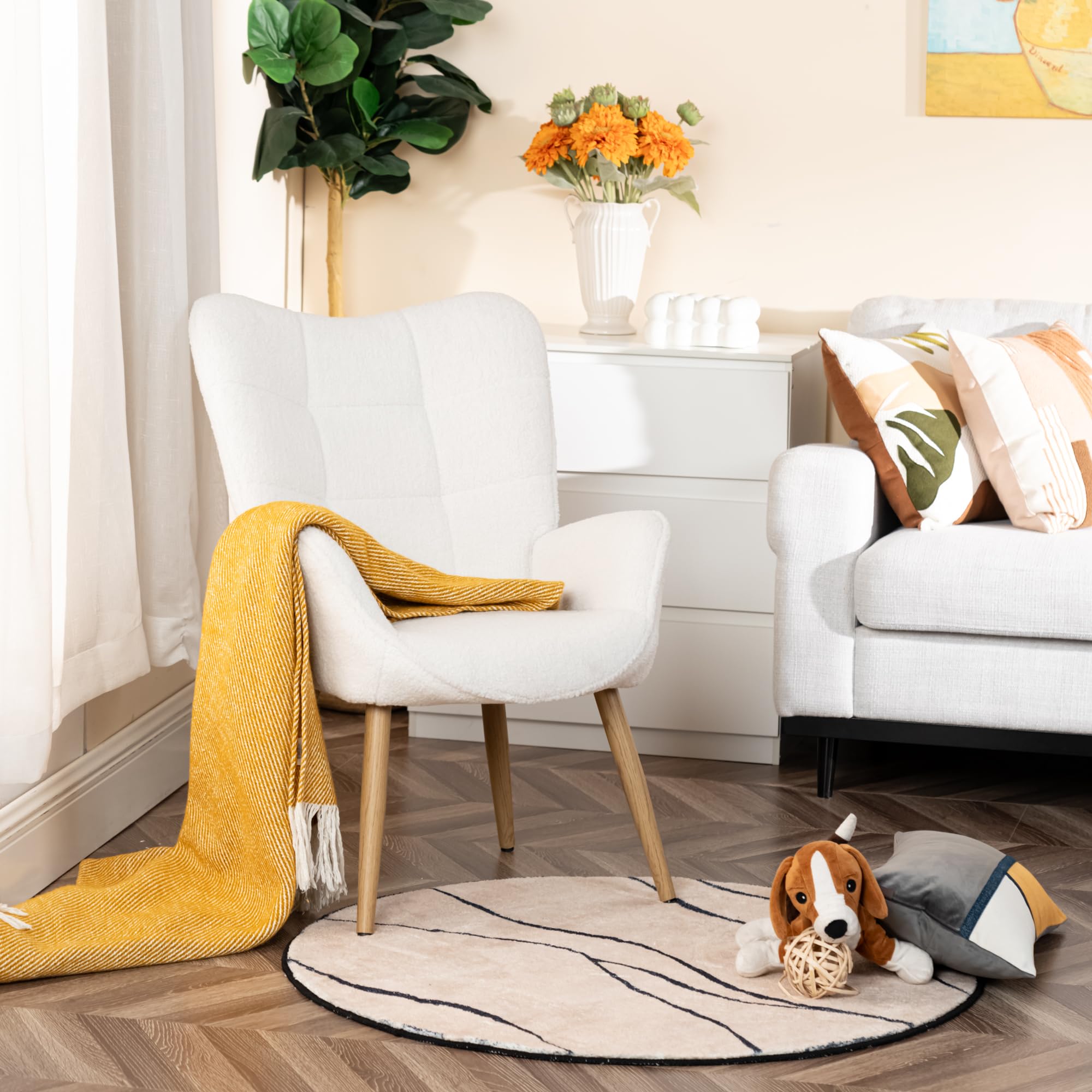 MEUBLE Cosy Juego de 2 Sillón Nórdica Butaca de Salón para Dormitorio Silla Escandinavo con Respaldo y Reposabrazos Patas de Metal en Tela de Bucle Blanco