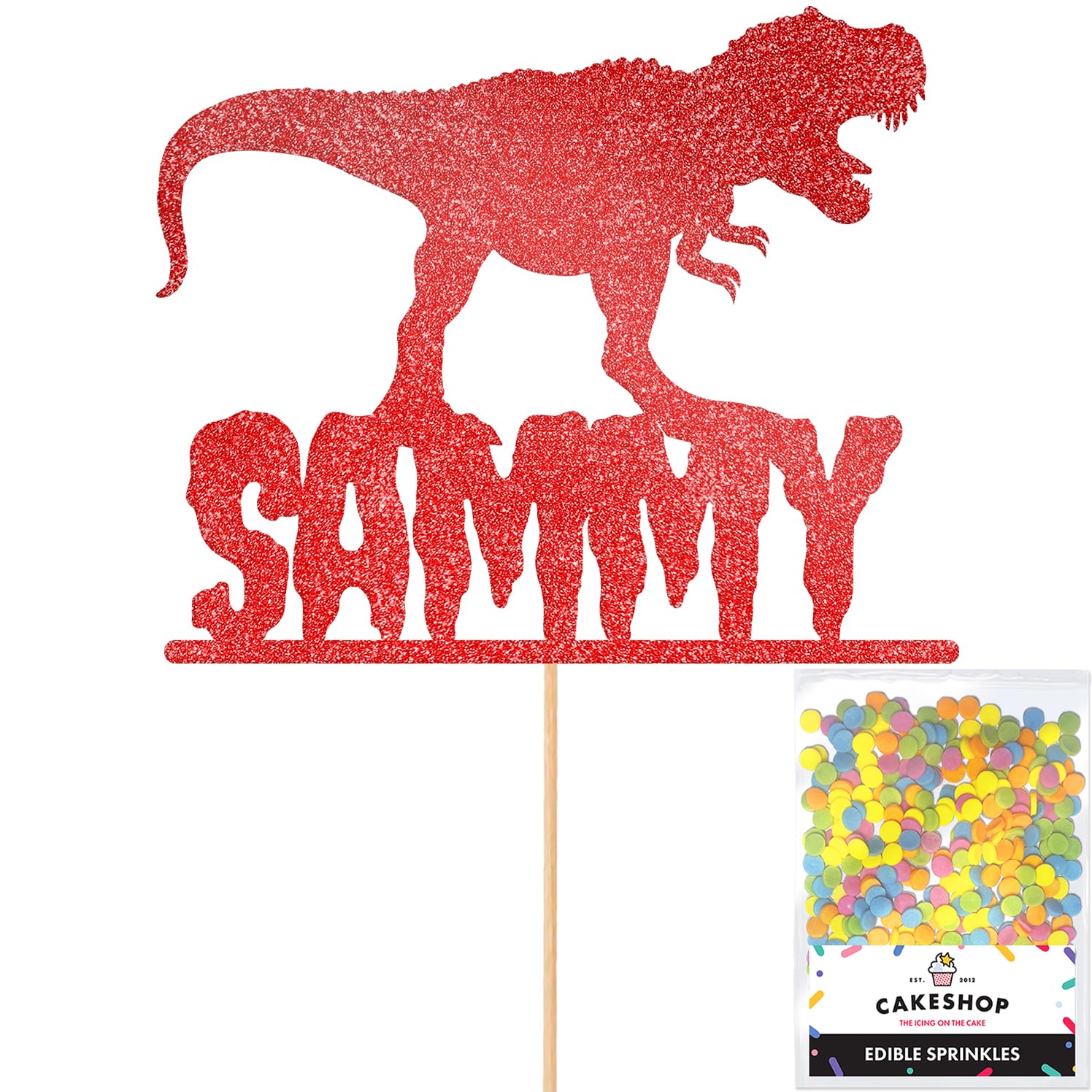 Personalised Birthday Dinosaur Glitter Cake Topper- Red Any Name & Age Glitter Cake Decoration and Sprinkles - Happy Birthday Decorations - Personalised Toppers for Cakes by Cakeshop — image 1