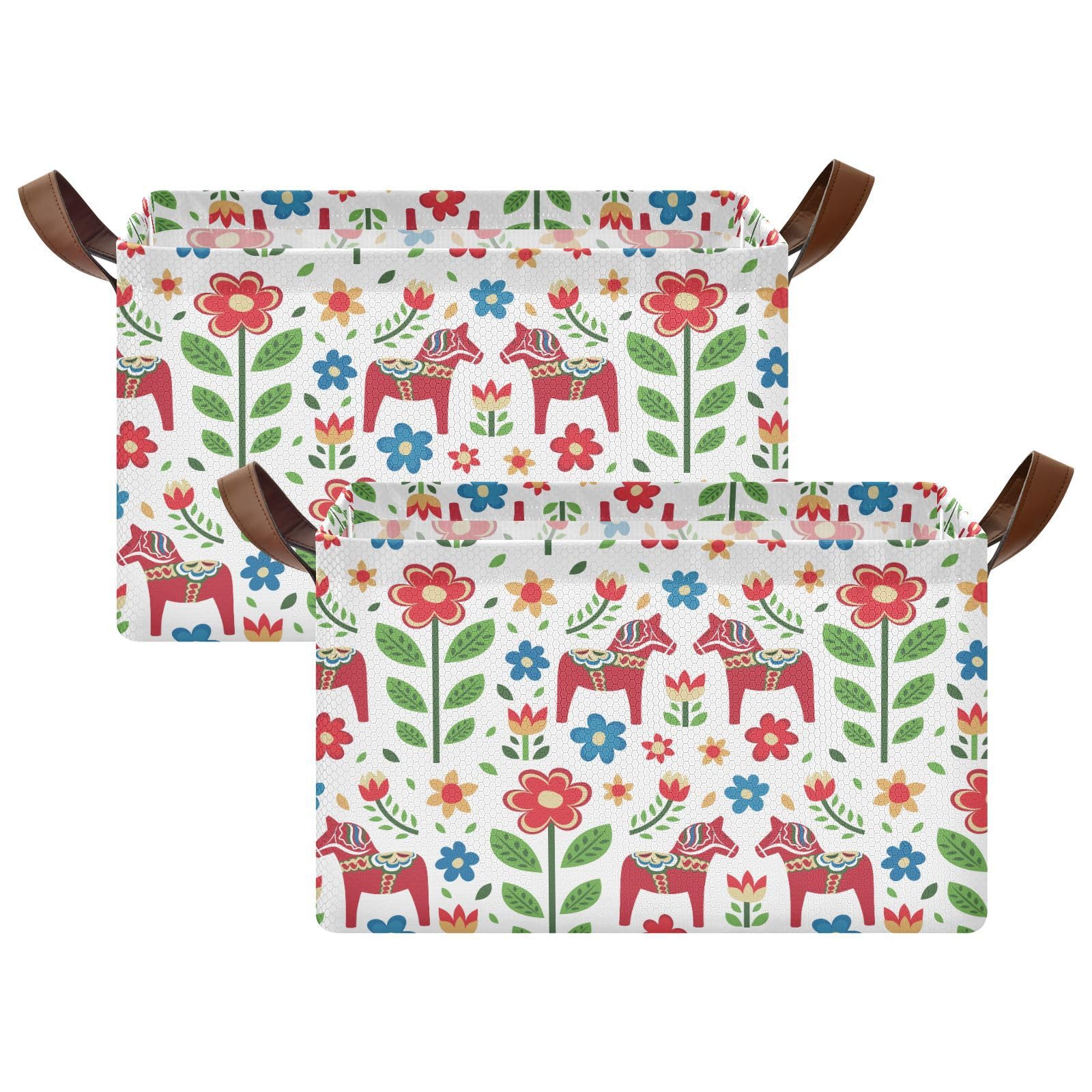 Yasala Shelf Basket Swedish Dala Horse Spring Flower Foldable Nursery Storage Bin Organizer Closet Bin with Handle Clothes Container Laundry Hamper Decorative Cube