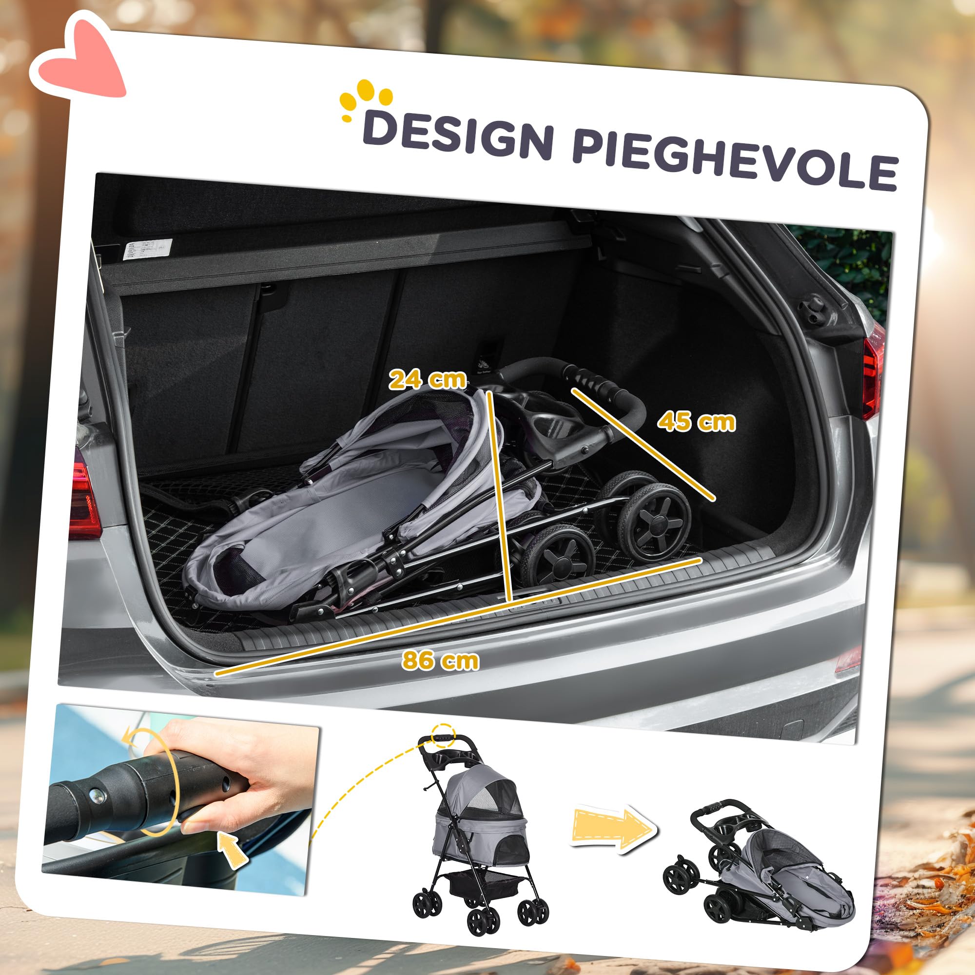 PawHut Passeggino per Cani Piccoli Pieghevole, Passeggino Leggero per Animali con Ruote Girevoli, Guinzaglio di Sicurezza e Cestino Portaoggetti, 67x45x96cm, Grigio