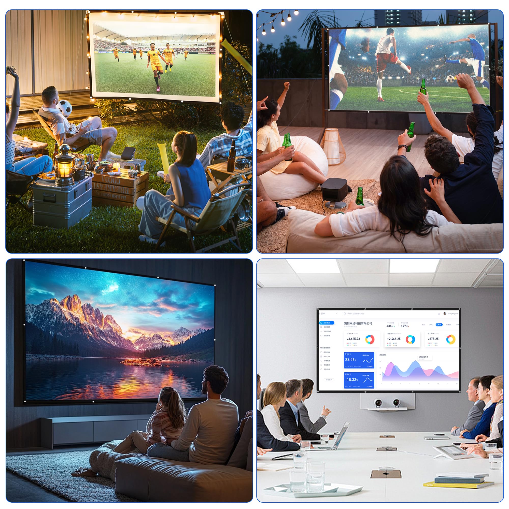 Écran de Projection 100 Pouces 16:9 4K Full HD Pliable Anti-Plis pour Cinéma Maison