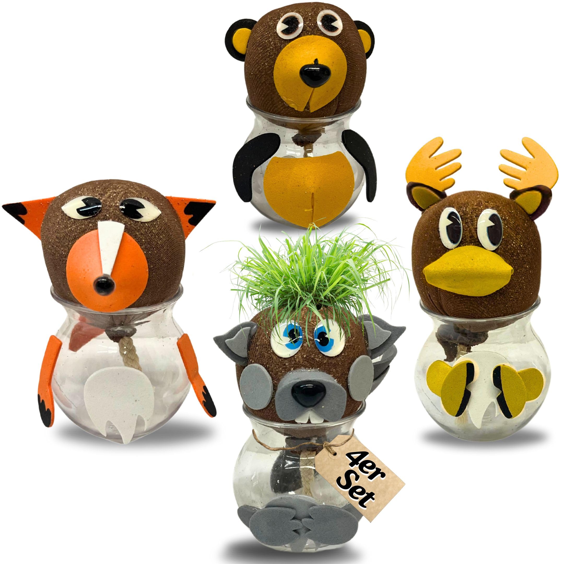 Bada Bing Teste Di Erba Fai Da Te: Set 4 Animali Del Bosco Con Semi E Contenitore Acqua. Gioco Educativo Per Bambini