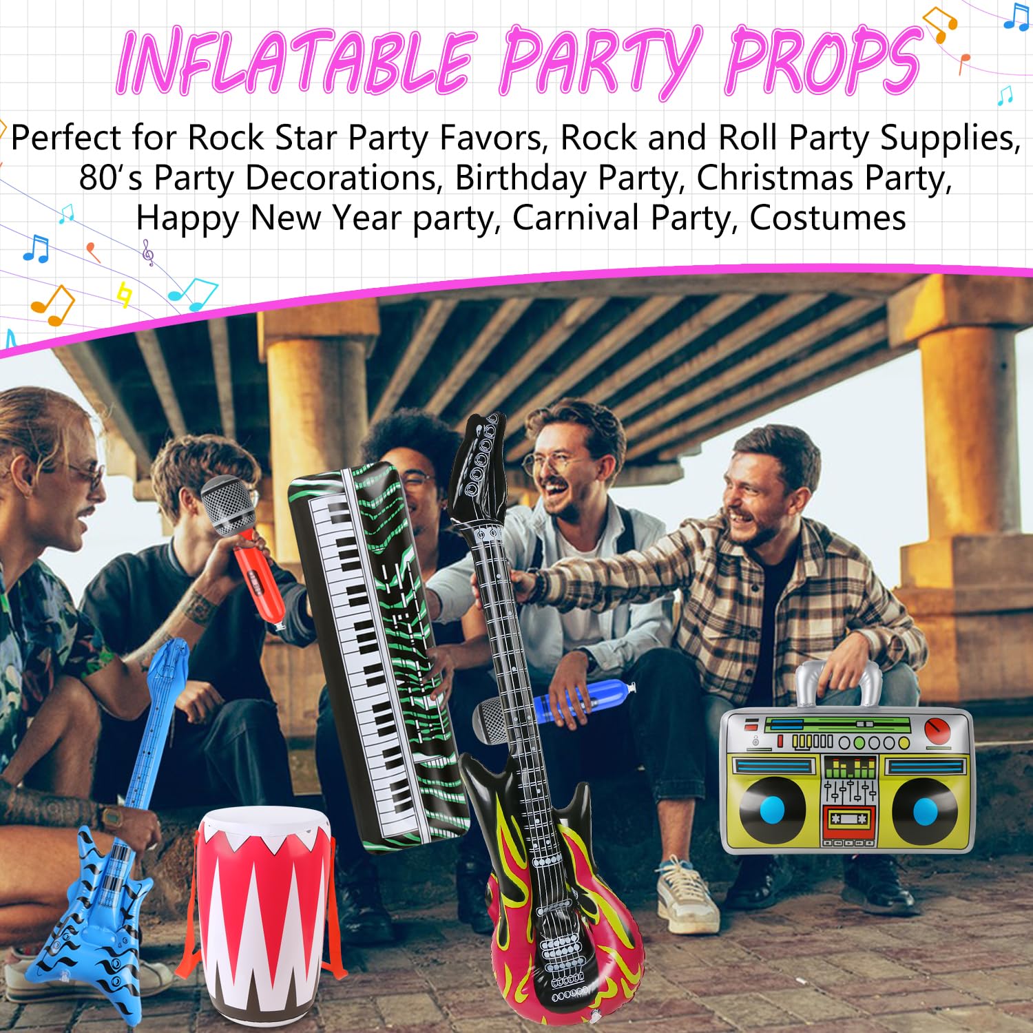 Ensemble D'instruments Gonflables Rock Star – Guitares, Basse Et Piano – Déco Fête Années 80 – 8 Pièces – PVC Durable